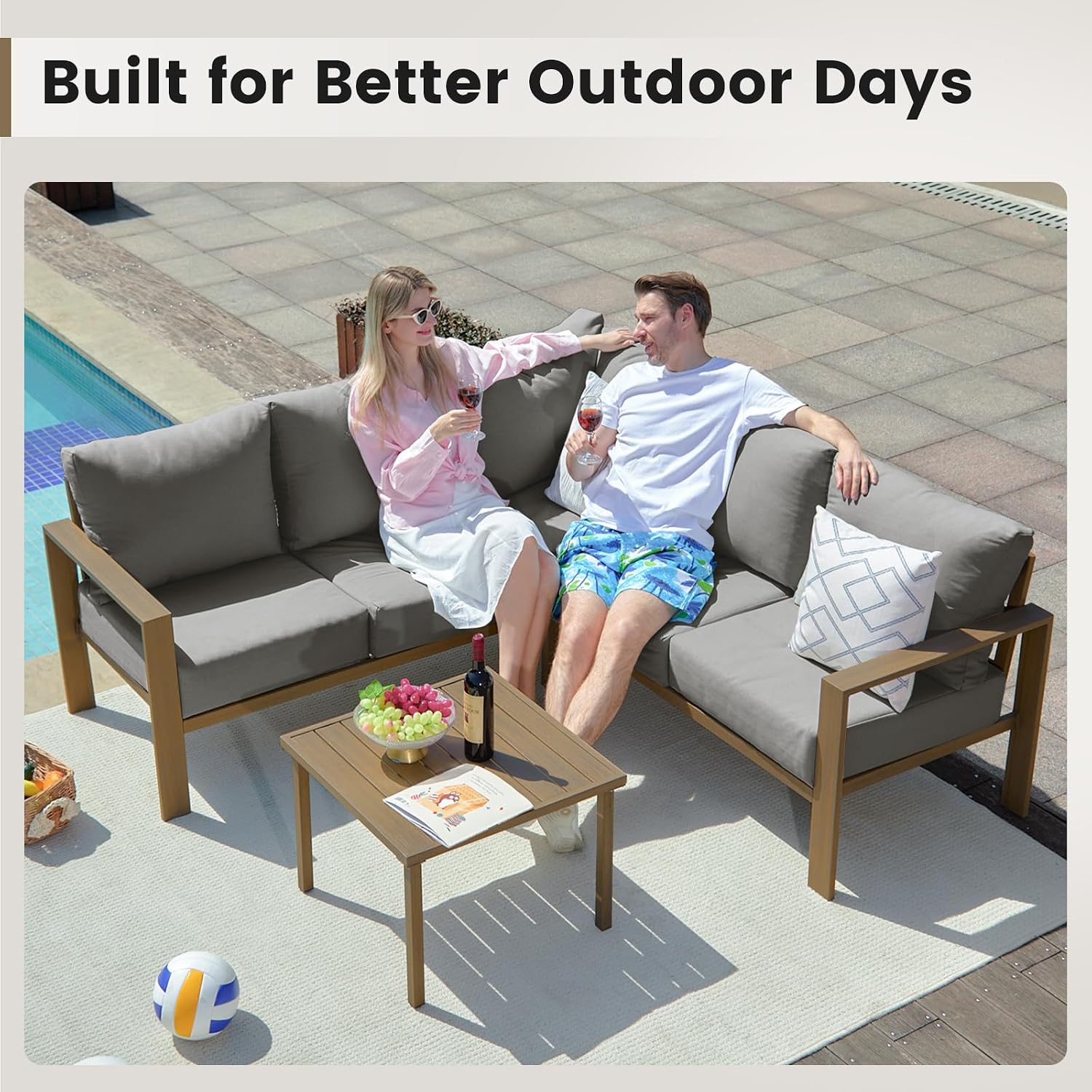 UDPATIO 6 Piece Patio Furniture Set, Faux Wood Metal Outdoor Sectional Sofa with 6' Thick Olefin Cushions, Wide Armrest & Coffee Table, L Shaped Outdoor Furniture for Garden, Backyard Dark Grey