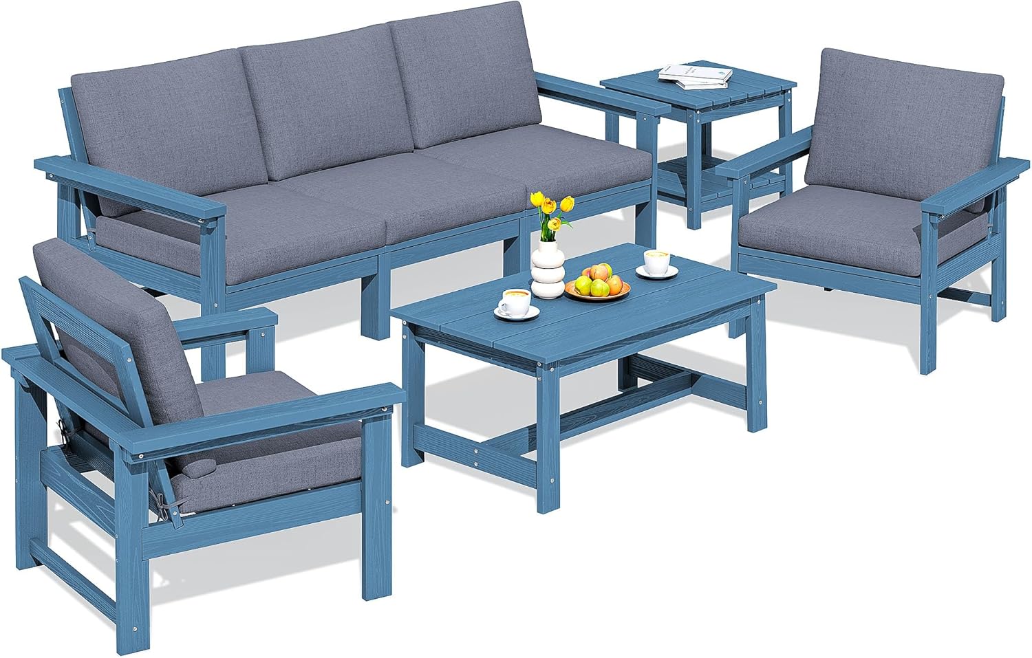 SERWALL HDPE Patio Furniture Set, 7-piece Outdoor Sectional Sofa Set, All Weather Outdoor Couch Set for Deck, Lawn, Blue Frame with Grey Cushion
