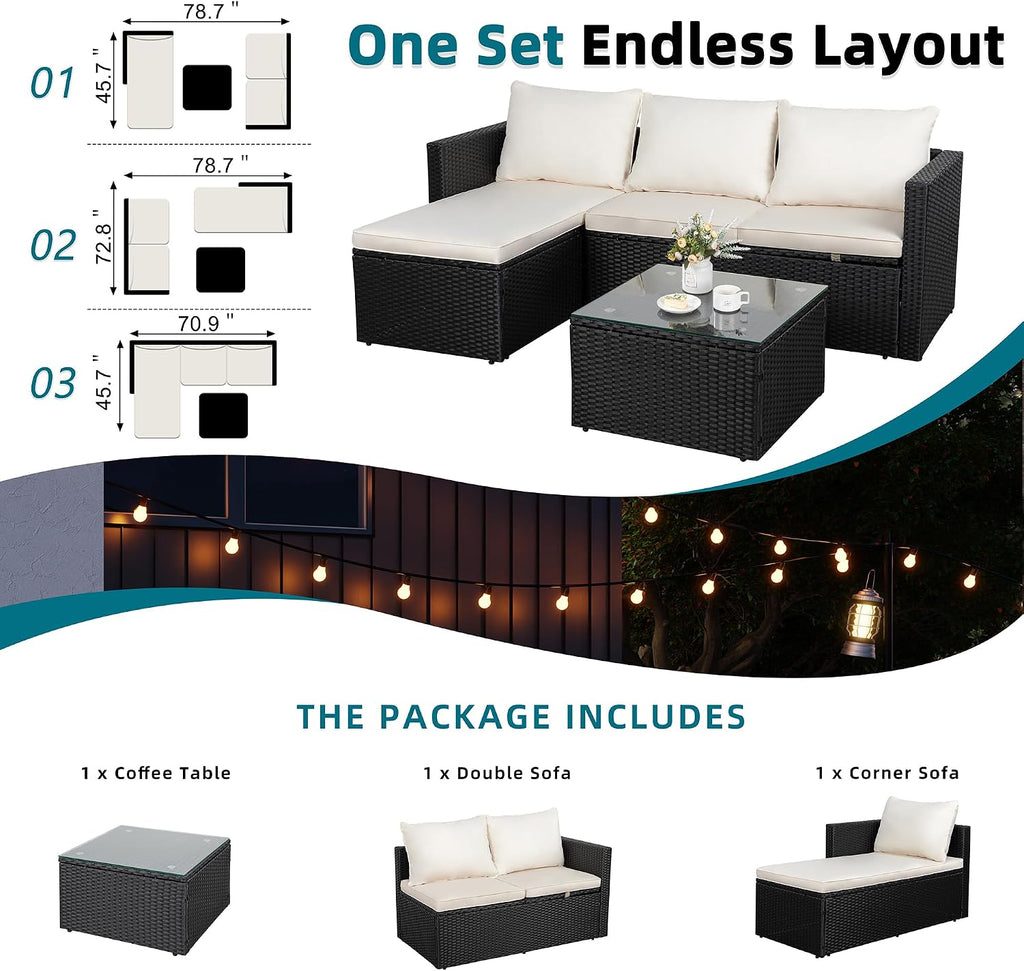SUNLEI Patio Furniture Set with Detachable Soft Cushions, Outdoor PE Rattan Patio Conversation Sofa Set, 3-Piece Patio Sectional Sofa with Glass Coffee Table, Black Rattan/White