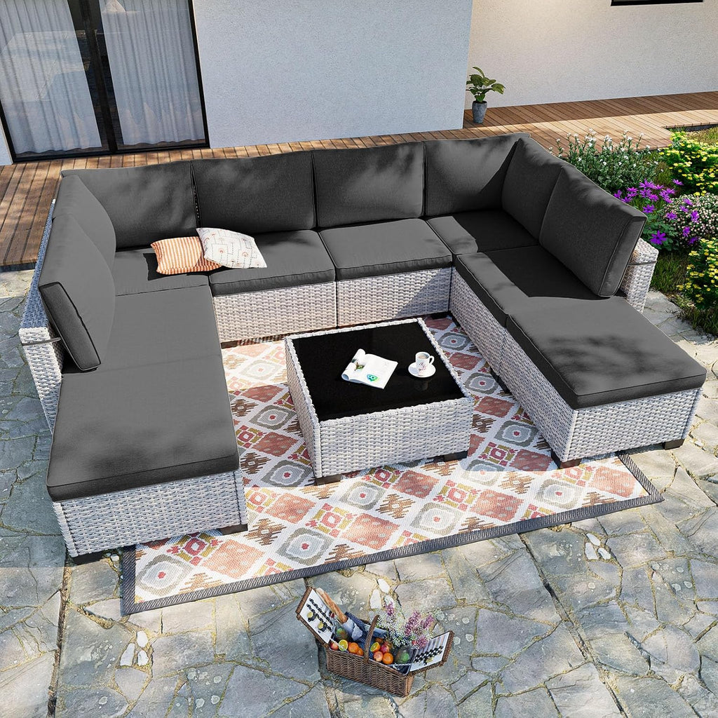 9-Piece Patio Furniture Set, Outdoor with Ottomans, Modular Patio Sofa, Dual-Strand Wicker Rattan, Rust-Resistant Frame, Backyard Furniture for Garden, Deck, Black