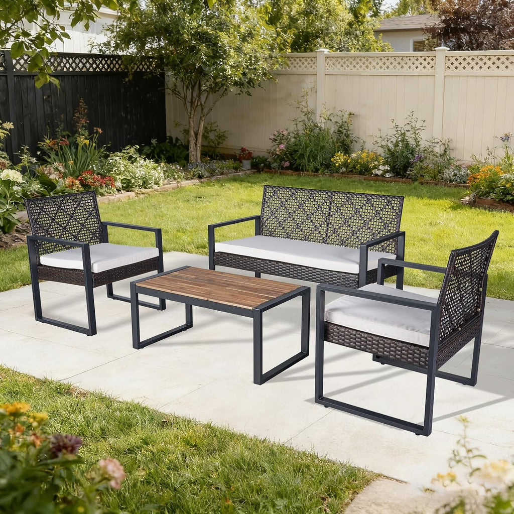 COOS BAY Haven Lounge 4 Piece Rattan Patio Furniture Set, Outdoor Wicker Patio Conversation Set for Balcony & Backyard, Dark Brown/Beige