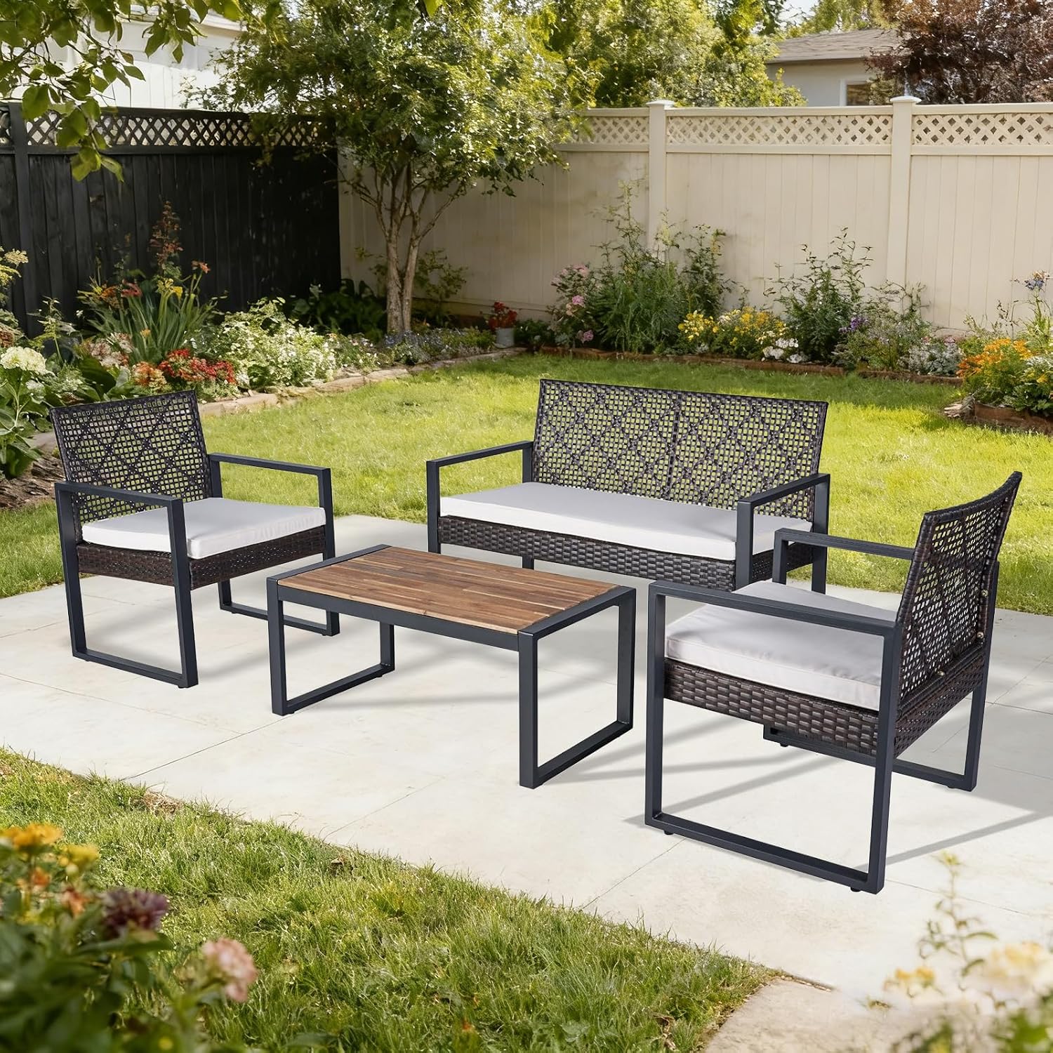 COOS BAY Haven Lounge 4 Piece Rattan Patio Furniture Set, Outdoor Wicker Patio Conversation Set for Balcony & Backyard, Dark Brown/Beige