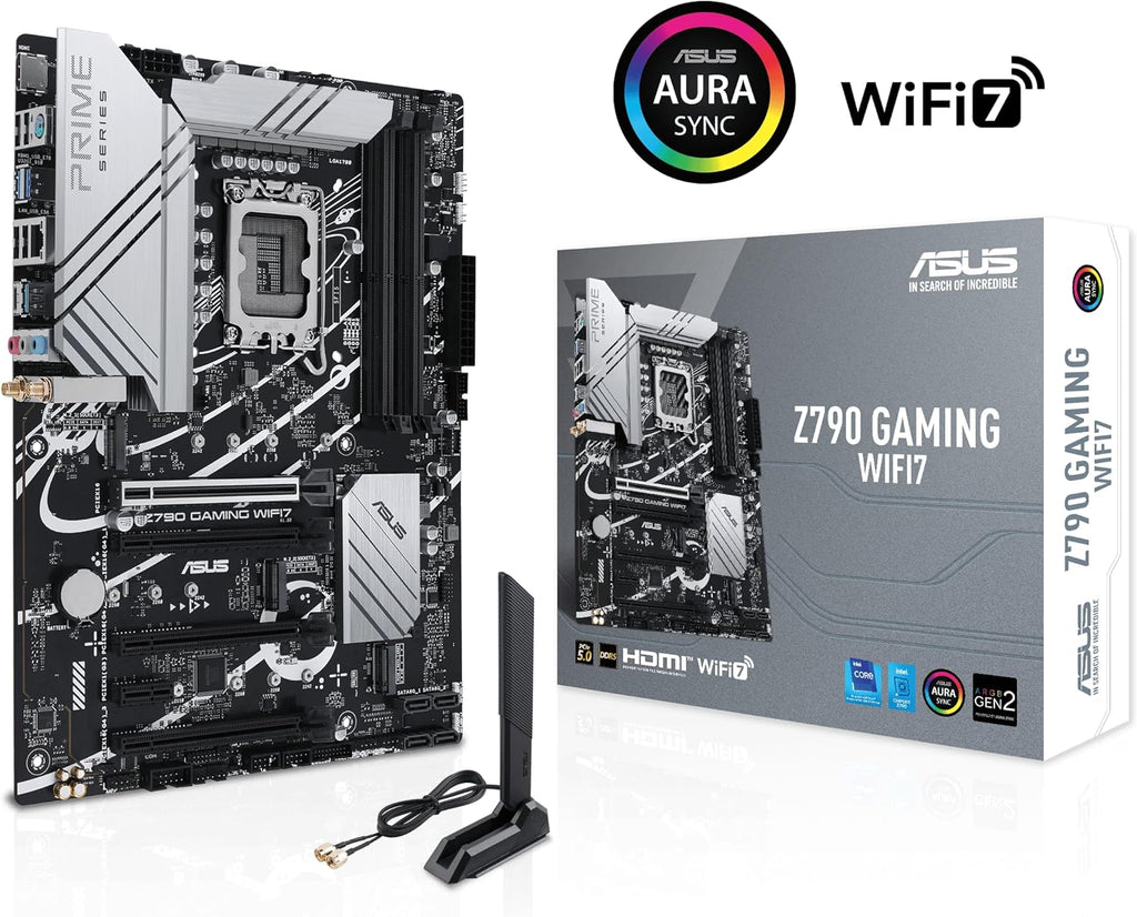 ASUS Z790 GAMING WIFI7 (LGA 1700) ATX motherboard with PCIe 5.0, three M.2 slots, 14+1 DrMOS, DDR5, Realtek 1Gb LAN, HDMI TM, USB 3.2 Gen 2x2 Type-C, front USB 3.2 Gen 1 Type-C, Thunderbolt, Aura Sync