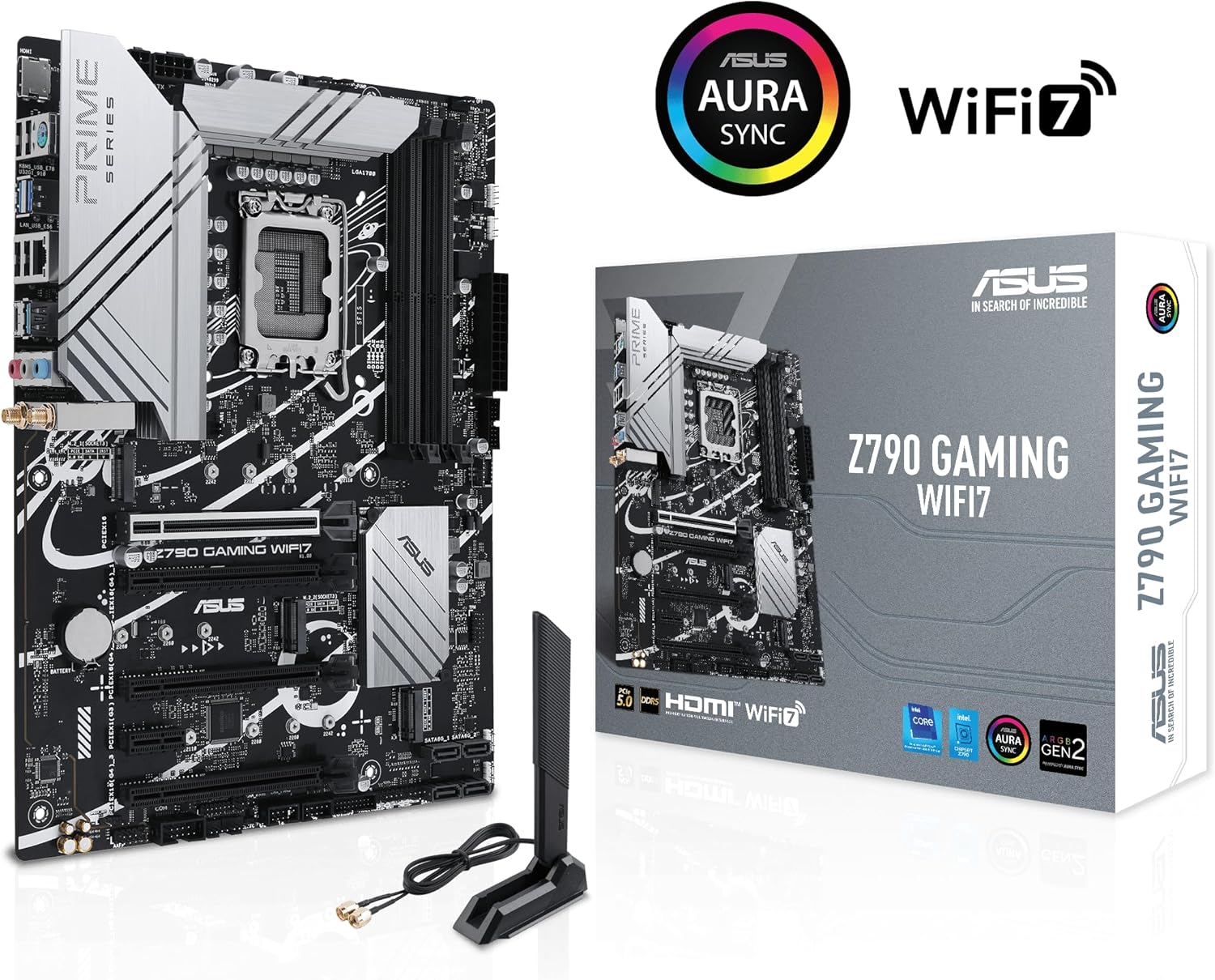 ASUS Z790 GAMING WIFI7 (LGA 1700) ATX motherboard with PCIe 5.0, three M.2 slots, 14+1 DrMOS, DDR5, Realtek 1Gb LAN, HDMI TM, USB 3.2 Gen 2x2 Type-C, front USB 3.2 Gen 1 Type-C, Thunderbolt, Aura Sync