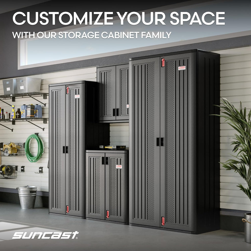 Suncast Heavy-Duty Resin Outdoor Storage Cabinet, 30' W x 20.25' D x 36' H Dark Grey Base Garage Storage Cabinet with Lockable Doors and Metal Reinforced Shelves, Made in The USA