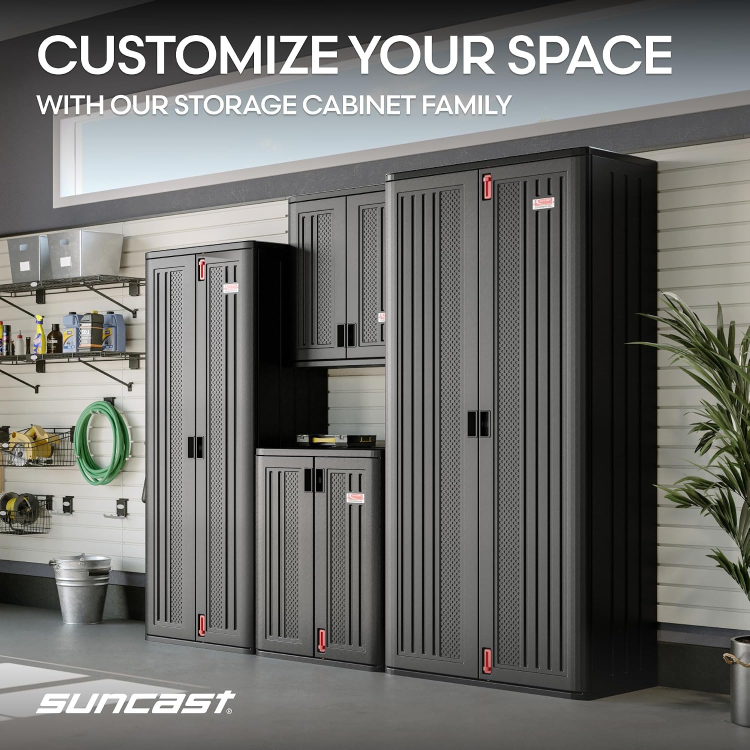 Suncast Heavy-Duty Resin Outdoor Storage Cabinet, 30' W x 20.25' D x 36' H Dark Grey Base Garage Storage Cabinet with Lockable Doors and Metal Reinforced Shelves, Made in The USA
