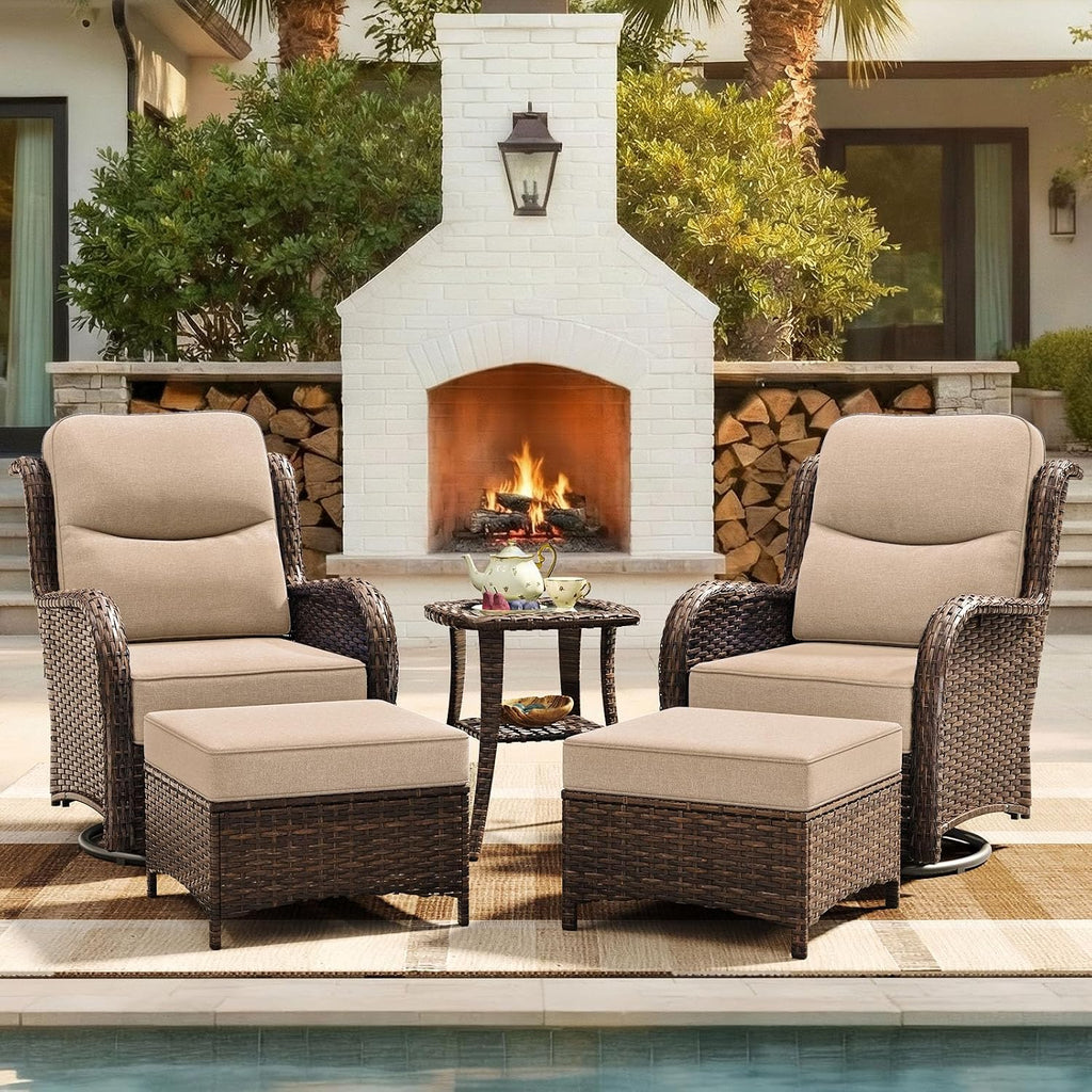 HILLGA 5-Piece Luxury Patio Furniture Set with 6' Thick Cushions, Weather-Resistant Wicker High Back Swivel Rocker Chairs, Senior-Friendly Conversation Set for Small Porch, Deck and Sunroom, Beige(V2)