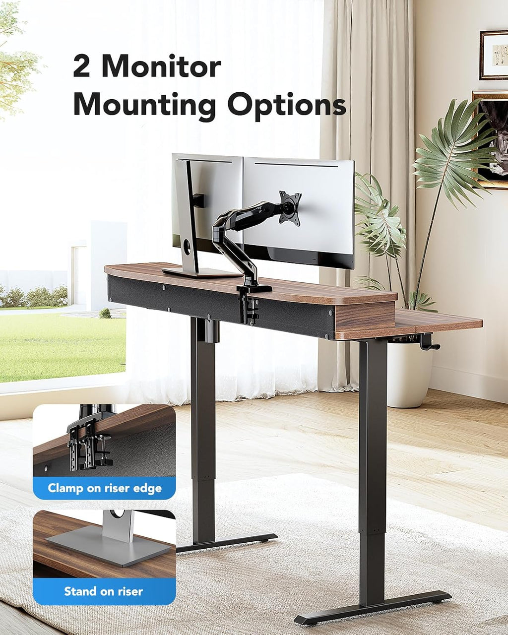 HUANUO 60″ x 30″ Electric Standing Desk with 2 Drawers, C-Clamp Mount Compatible, Height Adjustable Computer Desk, Home Office Stand Up Desk with 4 Preset Heights & 2 Hooks, Walnut