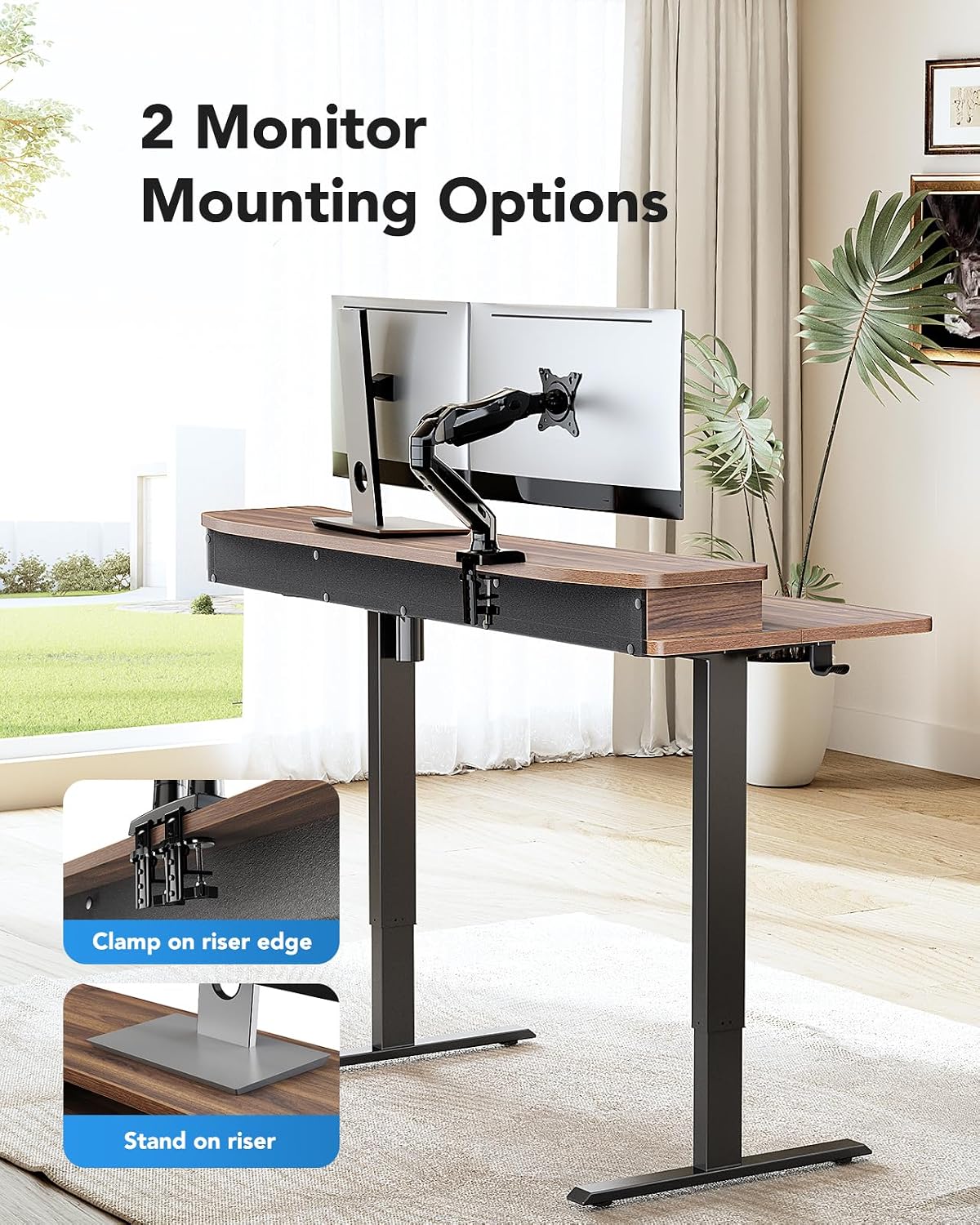 HUANUO 60″ x 30″ Electric Standing Desk with 2 Drawers, C-Clamp Mount Compatible, Height Adjustable Computer Desk, Home Office Stand Up Desk with 4 Preset Heights & 2 Hooks, Walnut