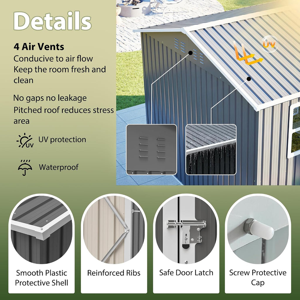 8x10FT Sheds & Outdoor Storage Shed with Bright Window and Lockable Doors, Spacious Metal Garden Shed Heavy-Duty Tool Sheds for Backyard, Patio, Lawn, Gray, Galvanized Steel