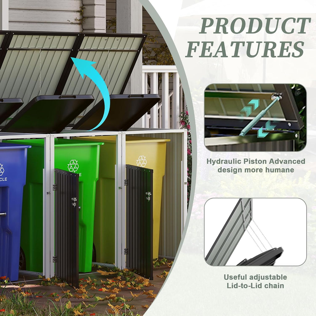 Outdoor Trash Can Storage, Garbage Bin Shed Stores 3 Trash Cans with Pneumatic Support Rod & Lockable Doors, Metal Outdoor Storage Shed for Garbage Cans, Garden, Backyard, and Patio, Grey
