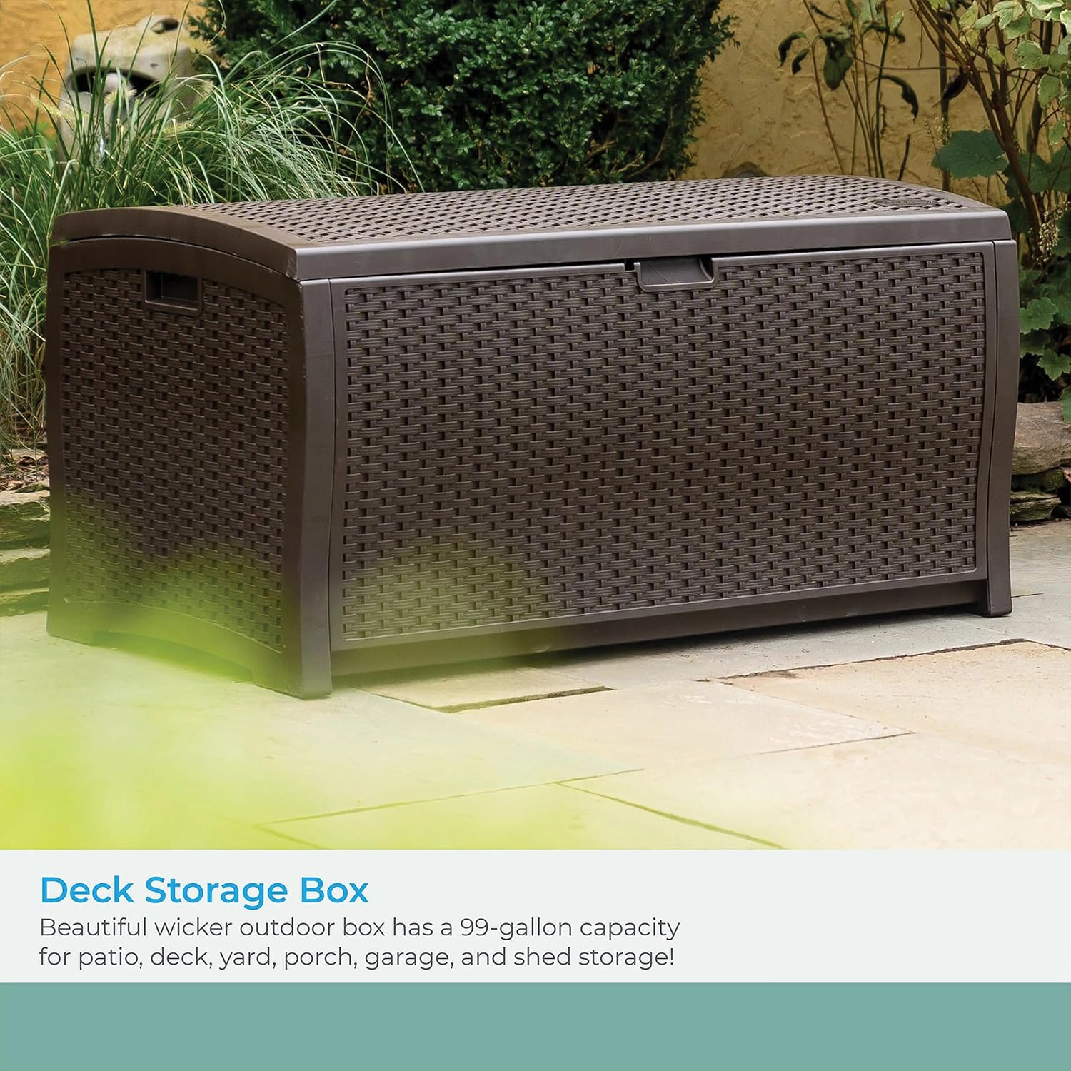 Suncast DBW9200 99 Gallon Outdoor Wicker resin Patio Storage Chest Bin with Handles for Patio, Garden, Garage, or Pool for All Weather, Mocha