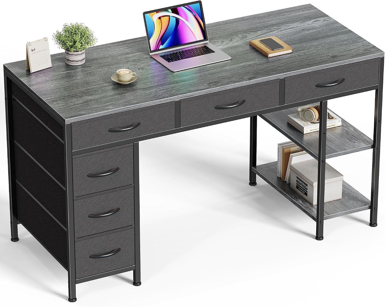 Huuger Computer Desk with 6 Drawers, Office Desk with Shelves, Reversible Gaming Desk, Corner Desk with Storage, Work for Home Office, Study, Living Room, 47inch, Grey