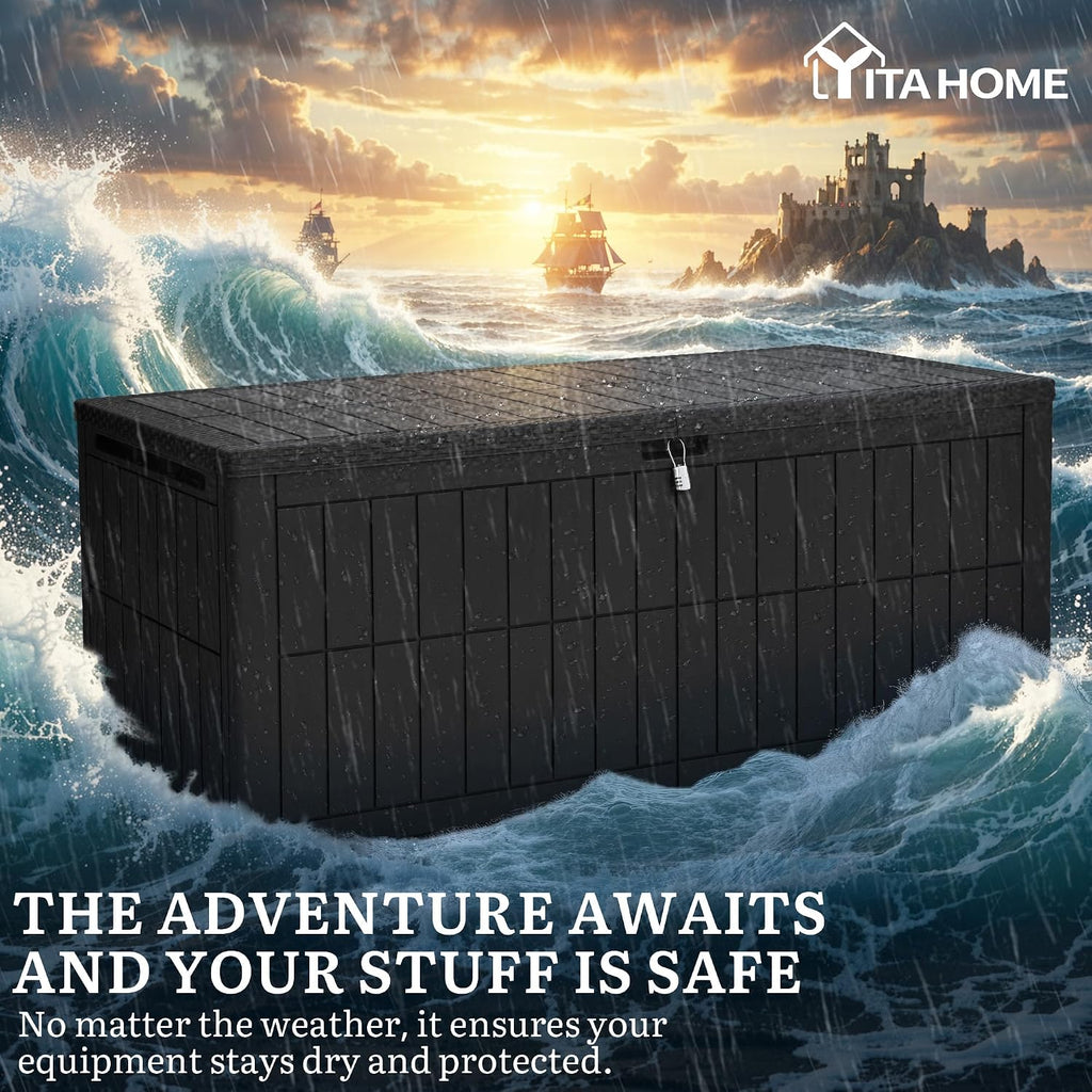 YITAHOME 240 Gallon Large Outdoor Storage Box XXL Resin Deck Box with Lock, Extra-Large Waterproof Patio Furniture Bin and 3-Person Bench Seating for Garden Tools & Pool Accessories, Black