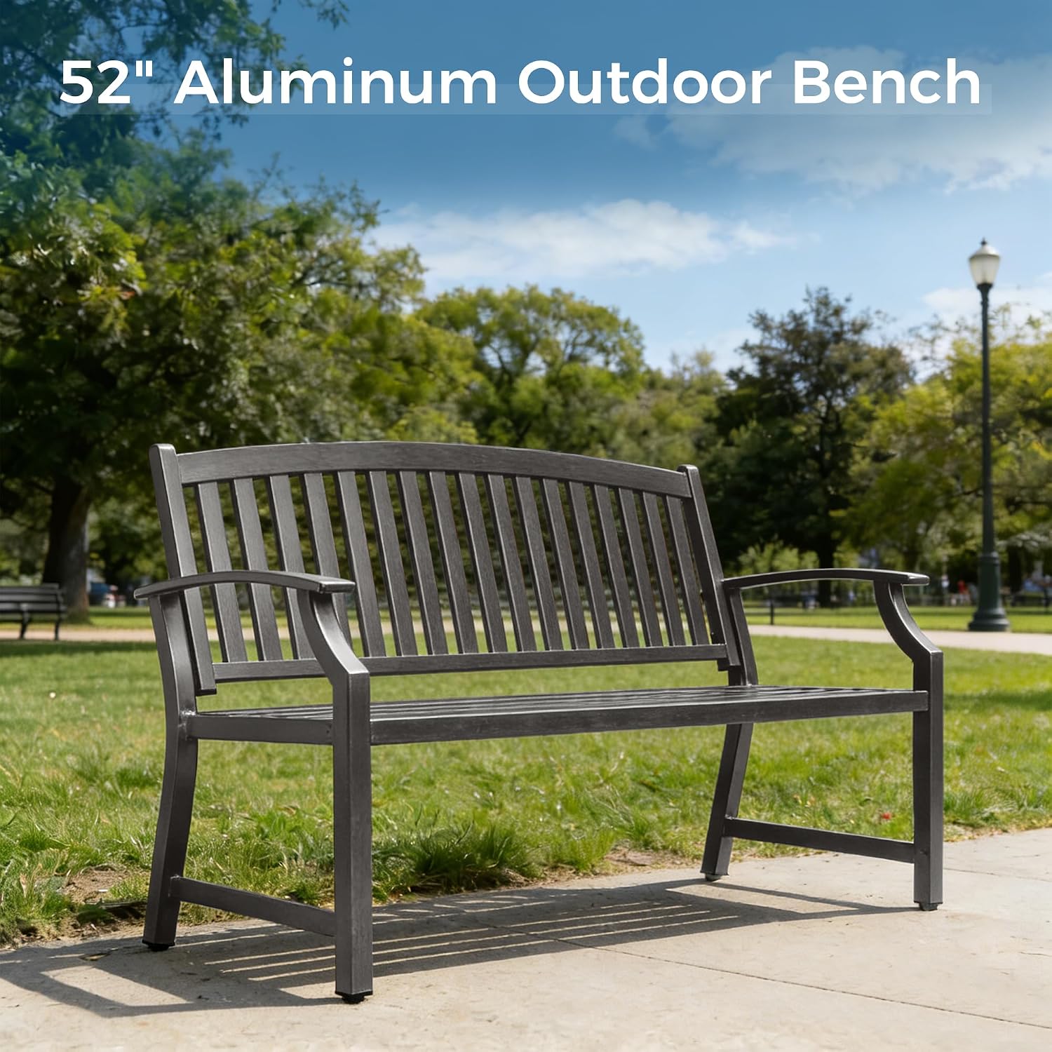 Grand patio Farmhouse Outdoor Bench, Garden Benches with Anti-Rust Aluminum, Faux Wood Grain Finish Frame Patio Bench for Front Porch, Weathered Gray