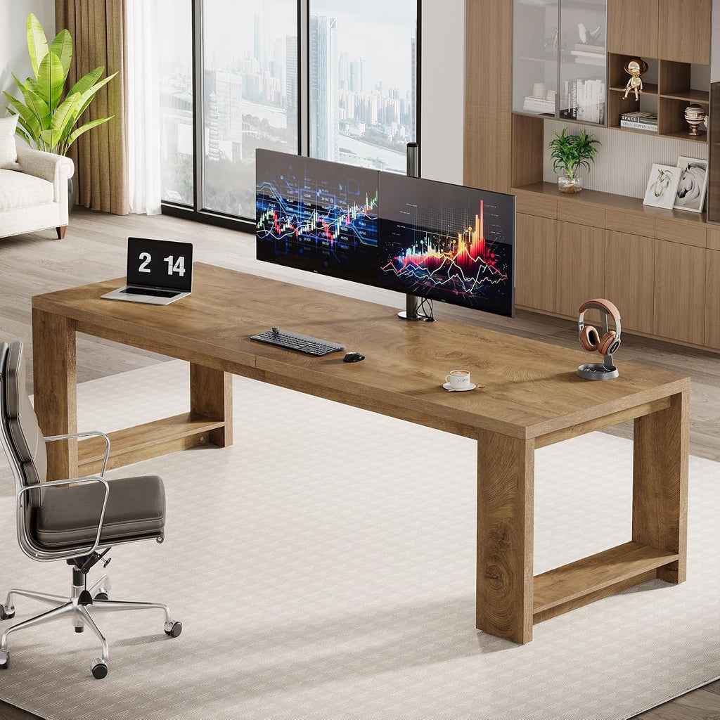 Tribesigns Two Person Desk, 86.6 Inches Extra Long Desk, Double Computer Writing Table, Wood Large Desks Workstation for Home Office, Natural Wood