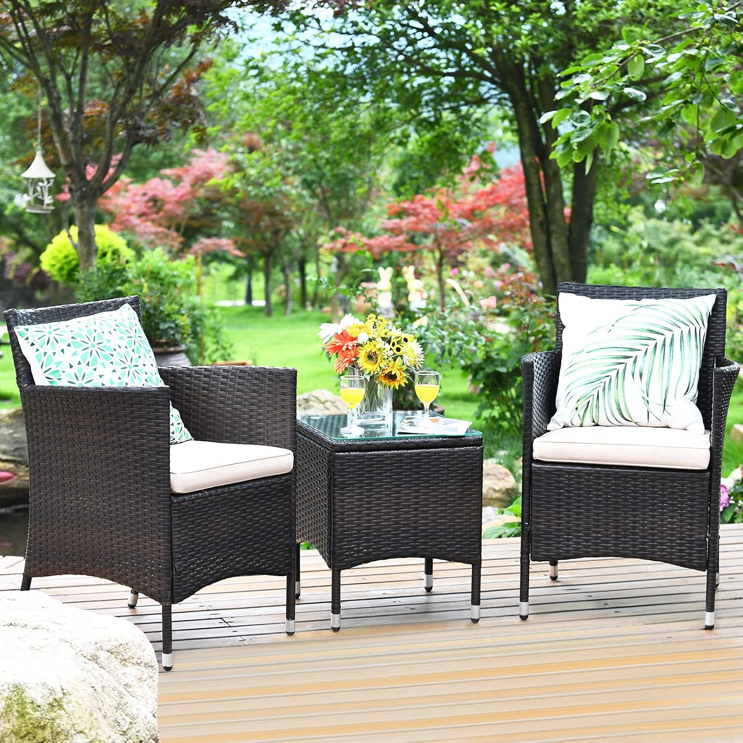 COSTWAY 3 PCS Patio Furniture Set, Outdoor Wicker Conversation Set with Tempered Glass Coffee Table, Seat Cushions, Rattan Wicker Chairs for Poolside Balcony Porch Backyard, Beige