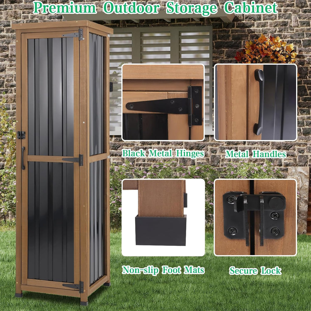 Tall Outdoor Storage Cabinet, Weatherproof Wooden Garden Potting Bench with Metal Top & Adjustable Shelves, Outdoor Patio Cabinets Work Station for Balcony, Pool, Garage