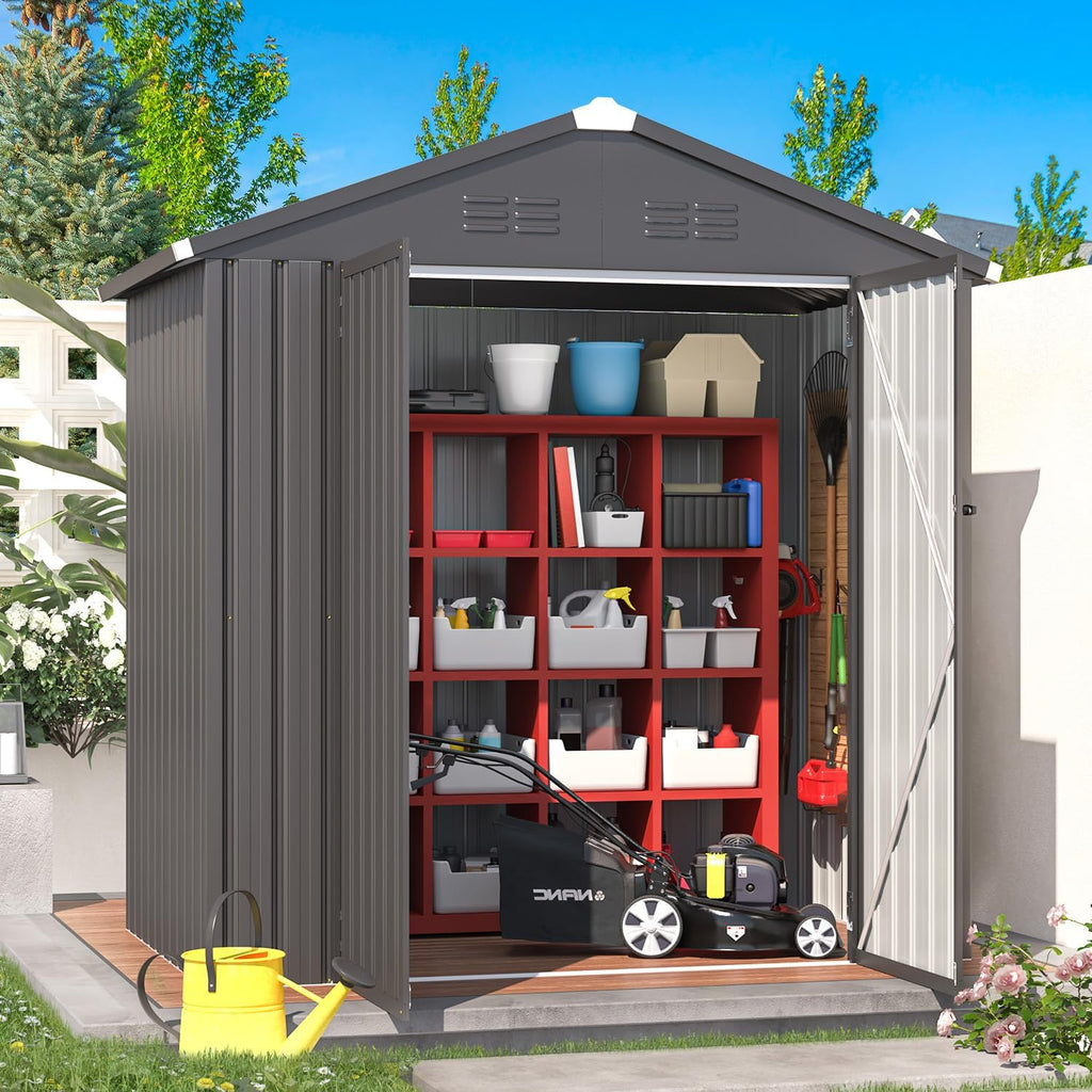 AECOJOY 6' x 4' Outdoor Storage Shed, Dark Grey 4x6 Metal Sheds & Outdoor Storage Clearance, Utility and Tool Garden Shed with Lockable Doors for Backyard, Patio, Outside Use