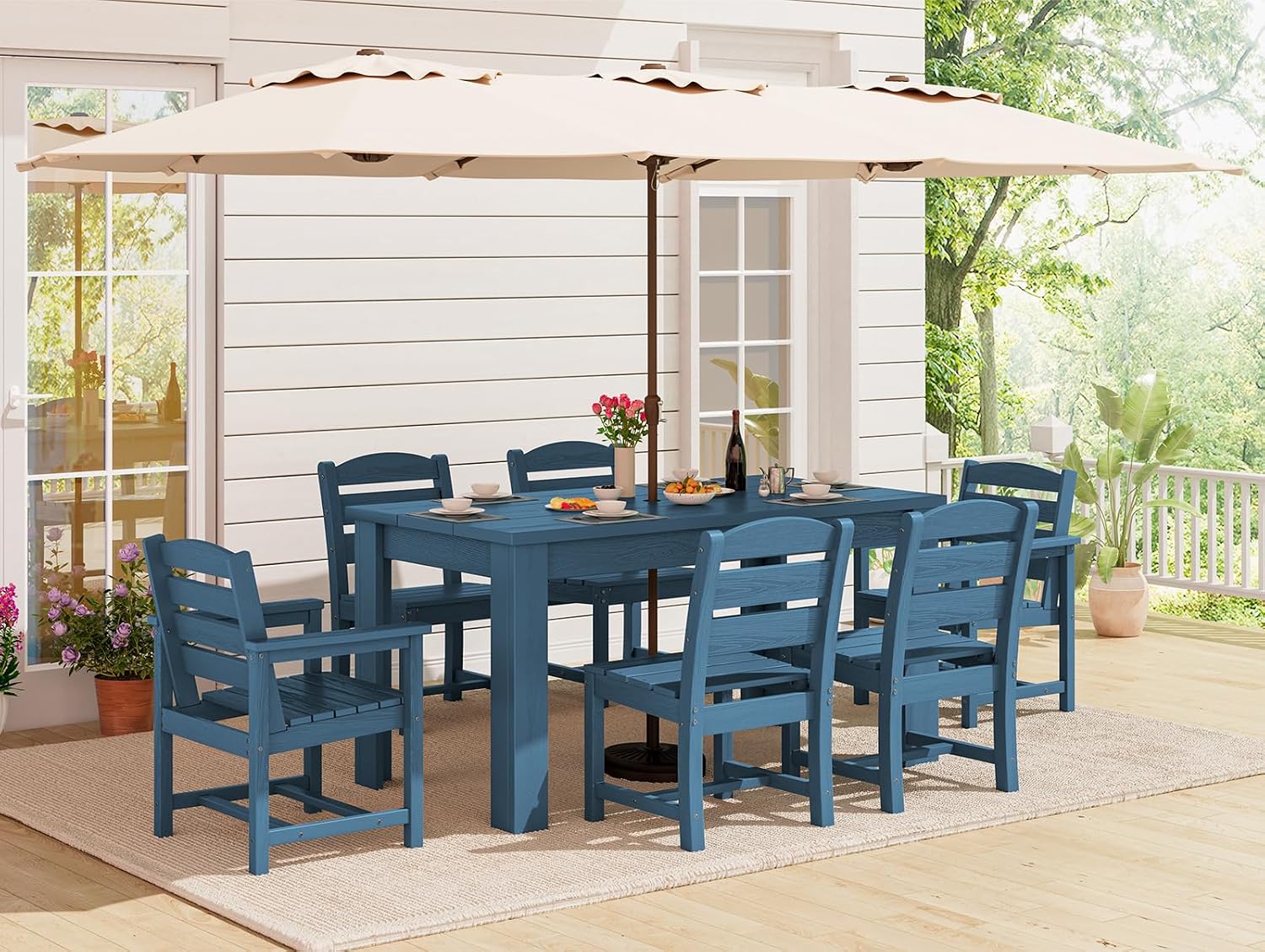 SERWALL Patio Dining Set with 15FT Double Side Umbrella, Outdoor Dining Sets with 1 Rectangular Table and 6 Chairs, HDPE Dining Sets Blue（Umbrella Base not Included）