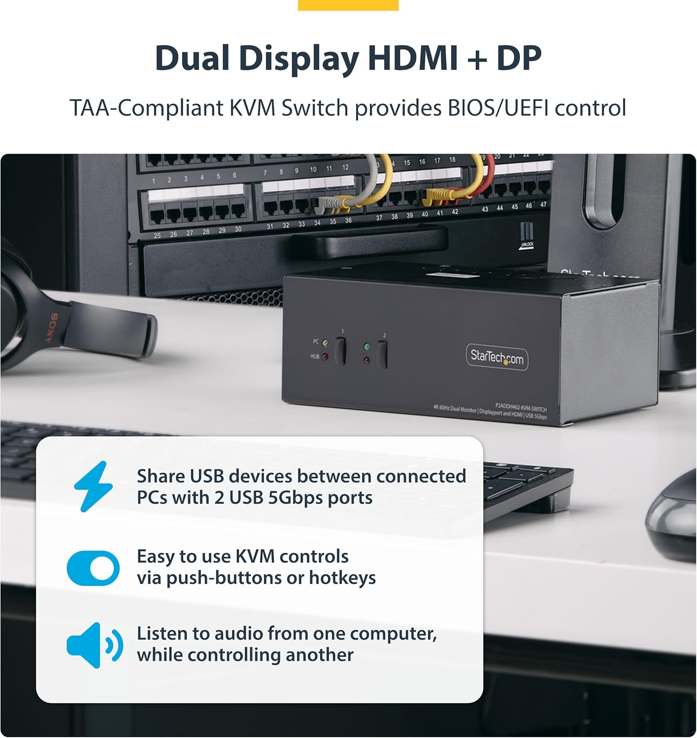 StarTech.com 2-Port Dual-Monitor DisplayPort and HDMI KVM Switch, 4K 60Hz, 2-Port USB 5Gbps Hub, 2X USB HID Ports, TAA Compliant