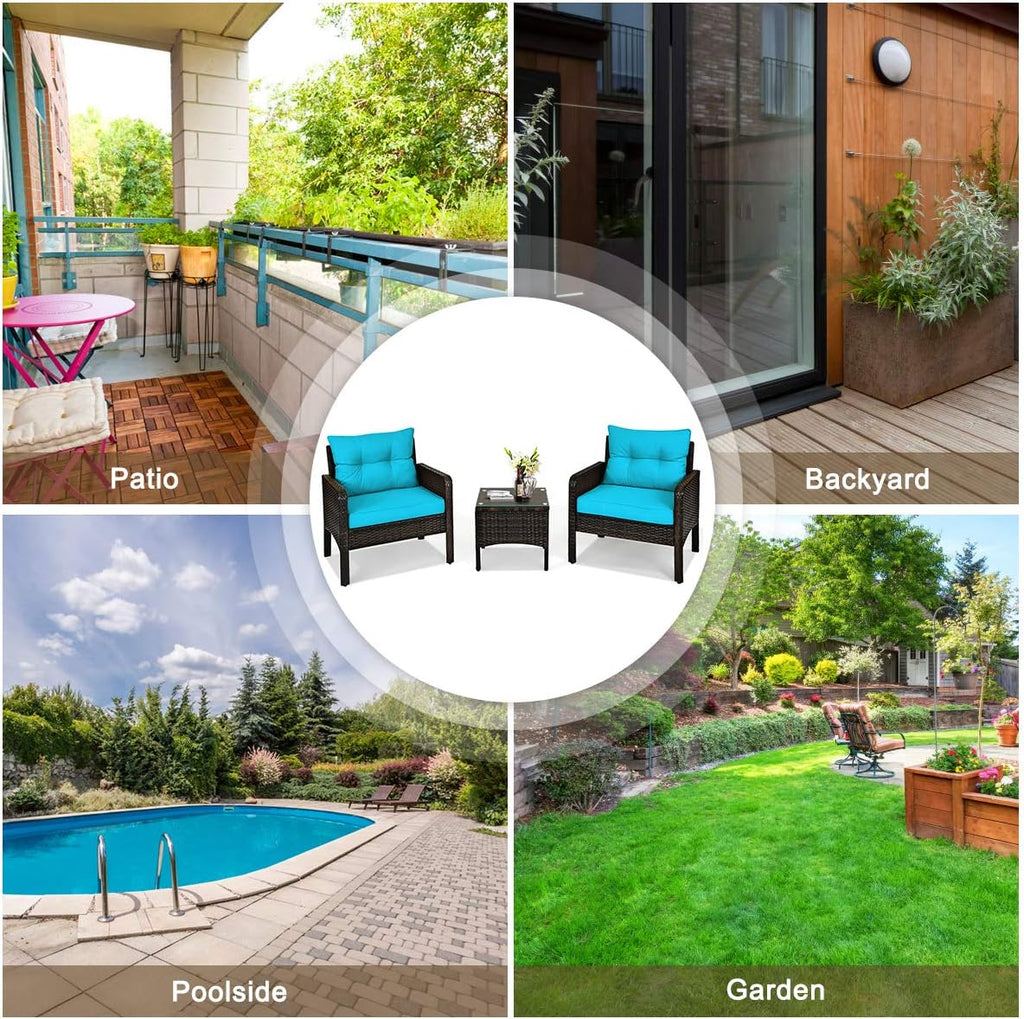 COSTWAY 3PCS Patio Furniture Set, Outdoor Wicker Cushioned Sofa Set with Coffee Table, All Weather Rattan Conversation Set for Garden Balcony Backyard Poolside Lawn, Turquoise