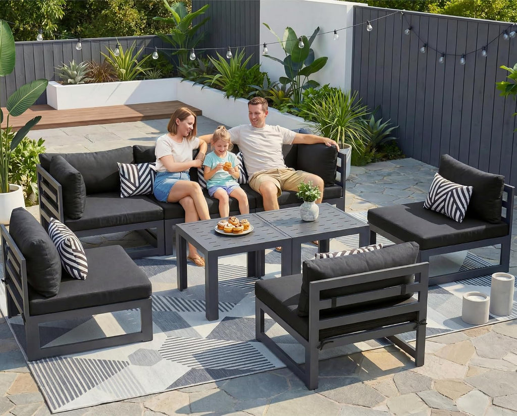 NICESOUL 8 Piece Modern Aluminum Patio Furniture Set Deep Seated, Extra Wide Modular Outdoor Sectional for 6 People, 500 lbs Heavy Duty L-Shaped Oversized Sofa Couch for Outside Backyard, Ember Black
