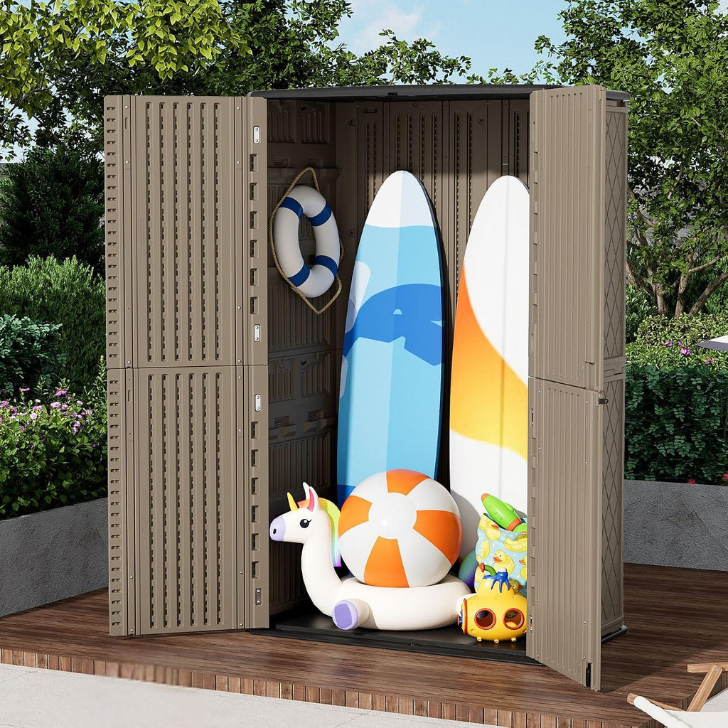 ZZM Large 67 Cu.ft Waterproof Storage Shed, Outdoor Storage Cabinet，Durable Resin Sheds for Patio Furniture, Garden Tools, Pool Accessories, Mower Storage (Coffee)