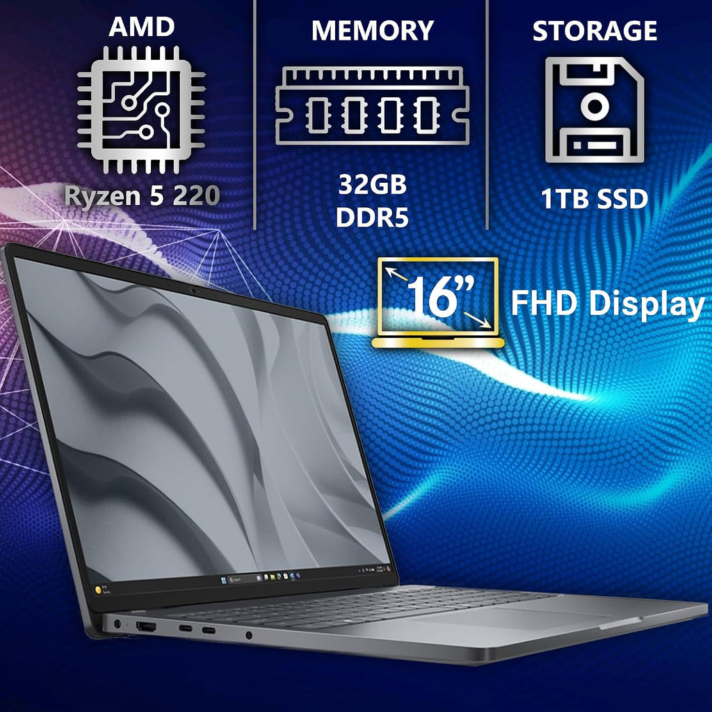 Dell Pro 16 FHD+ 16', AMD Ryzen 5 220, Oemgenuine Customized Laptop, 16GB / 32GB RAM, 256GB / 512GB / 1TB SSD, Backlit Keyboard, WiFi 6E + BT, RJ-45, HDMI, HD Webcam, W11P, Business Laptop, Black