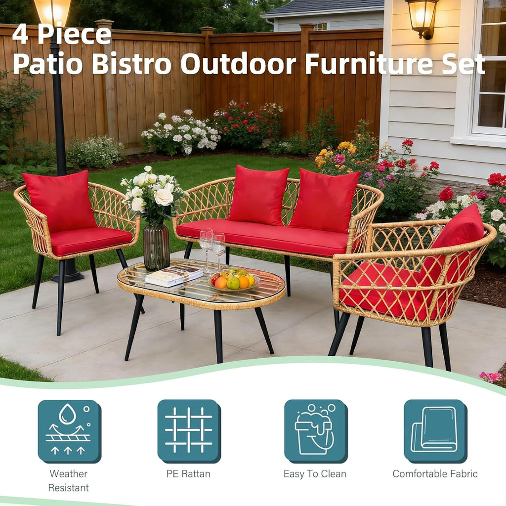 4 Piece Patio Furniture Set,Outdoor Conversation Set with Wicker Sofa, 2 Rattan Chairs and Glass Table, Patio Bistro Set with All Weather Cushions, for Garden, Porch, Backyard (Red)