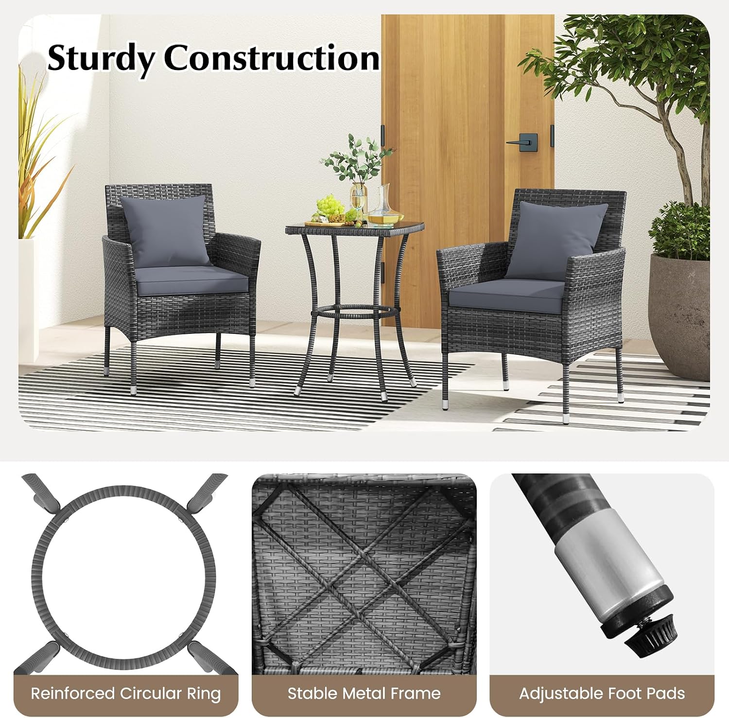RELAX4LIFE 3-Piece Patio Furniture Set - Rattan Wicker Outdoor Furniture w/Cushions & Tempered Glass Coffee Table, Small Conversation Bistro Table and Chairs Set of 2 for Garden Porch Balcony (Grey)