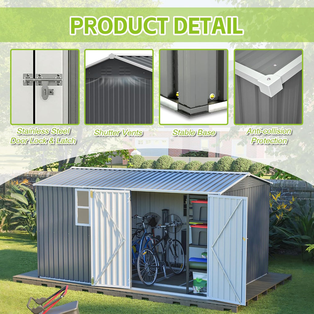 8x12 FT Outdoor Metal Storage Shed with Window & Floor Frame, Lockable Double Doors, Weatherproof Steel Tool Shed for Garden, Backyard, Lawn Equipment, and Patio Storage