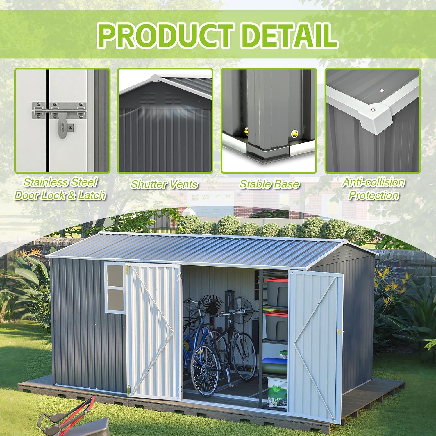 8x12 FT Outdoor Metal Storage Shed with Window & Floor Frame, Lockable Double Doors, Weatherproof Steel Tool Shed for Garden, Backyard, Lawn Equipment, and Patio Storage