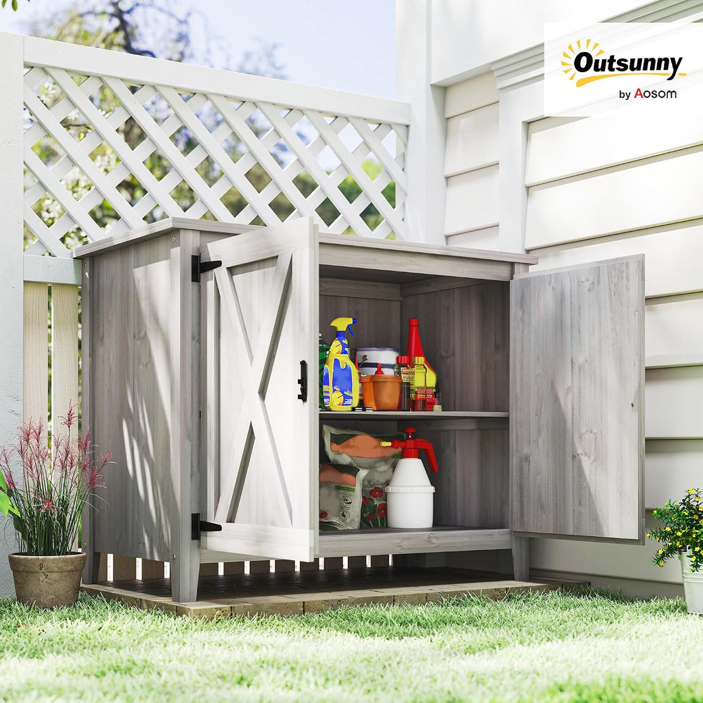 Outsunny Wood Garden Shed, Compact Outdoor Storage Cabinet Potting Shed with Inner Shelf and Double Doors for Backyard, Patio, Lawn, Light Gray
