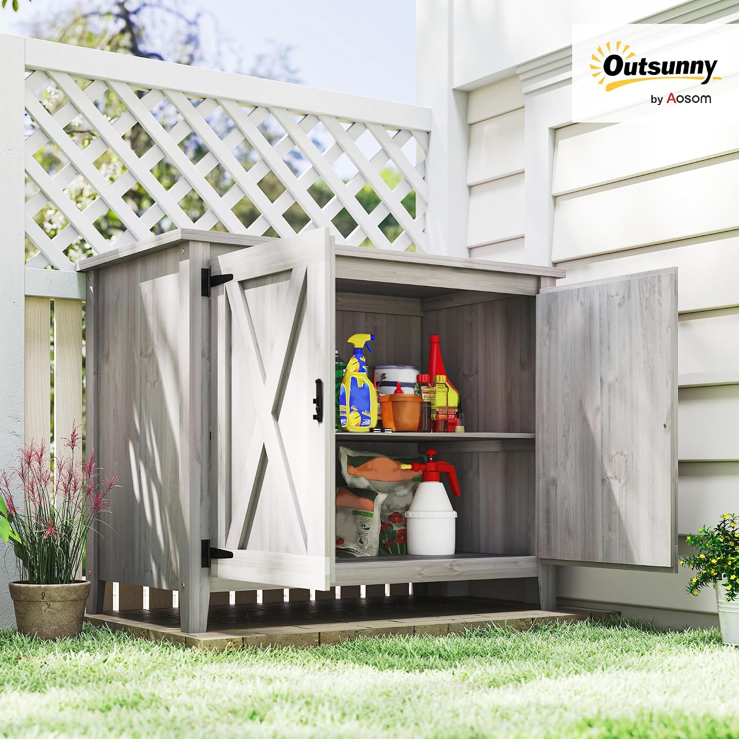 Outsunny Wood Garden Shed, Compact Outdoor Storage Cabinet Potting Shed with Inner Shelf and Double Doors for Backyard, Patio, Lawn, Light Gray