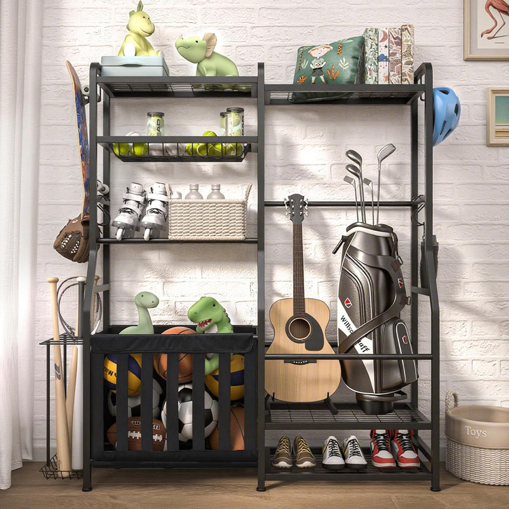 Faesun Garage Sports Equipment Organizer, Golf Bag Storage Rack, Heavy Duty Ball Holder with Basket & Hooks, Indoor/Outdoor Basketball Storage Bins for Toy Sports Gear Storage