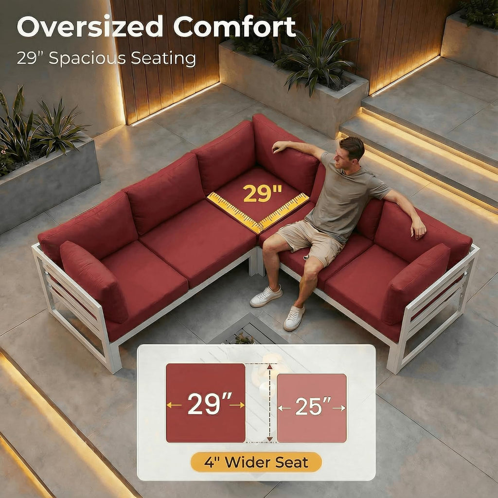 NICESOUL 6 Person Modern Aluminum Outdoor Patio Furniture Set, 29' Wide Deep Seating, Fade & Water Resistant L Shaped Modular Sectional Couch, Large Comfy Conversation Set for Backyard Terrace, Red