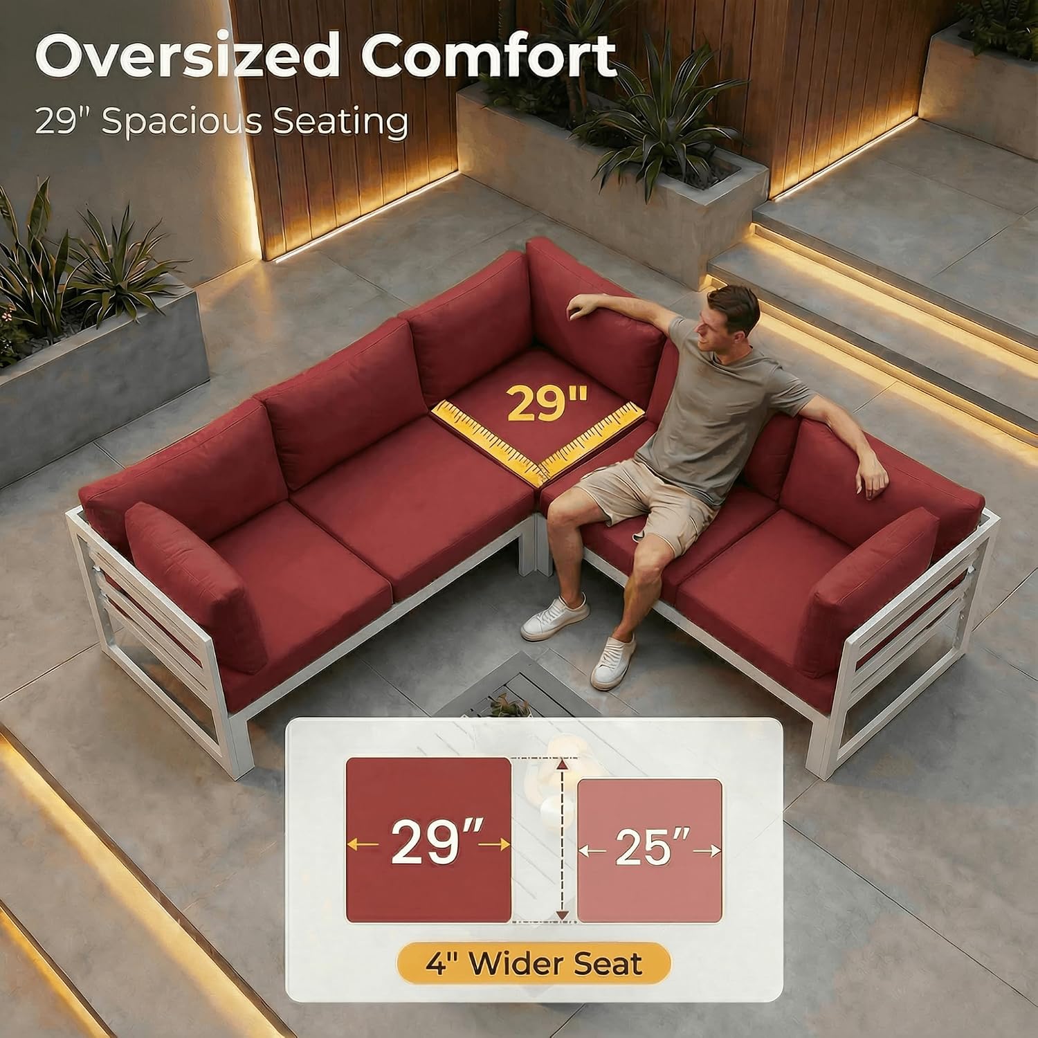 NICESOUL 6 Person Modern Aluminum Outdoor Patio Furniture Set, 29' Wide Deep Seating, Fade & Water Resistant L Shaped Modular Sectional Couch, Large Comfy Conversation Set for Backyard Terrace, Red