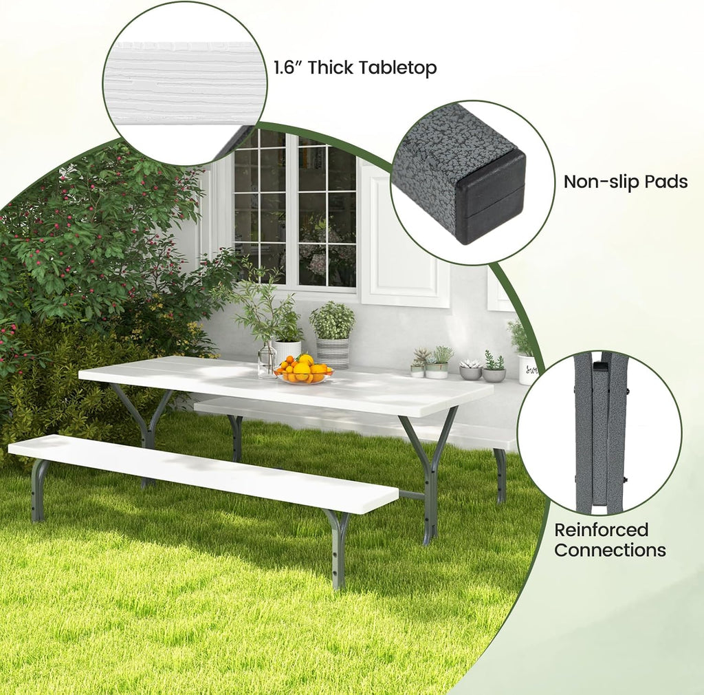 Giantex Picnic Table 6FT for 8 Person, Outdoor Table Set w/ 2 Benches, All-Weather HDPE Rectangular Tabletop, Heavy Duty Metal Legs, Umbrella Hole, for Patio Yard Lawn Party (White)