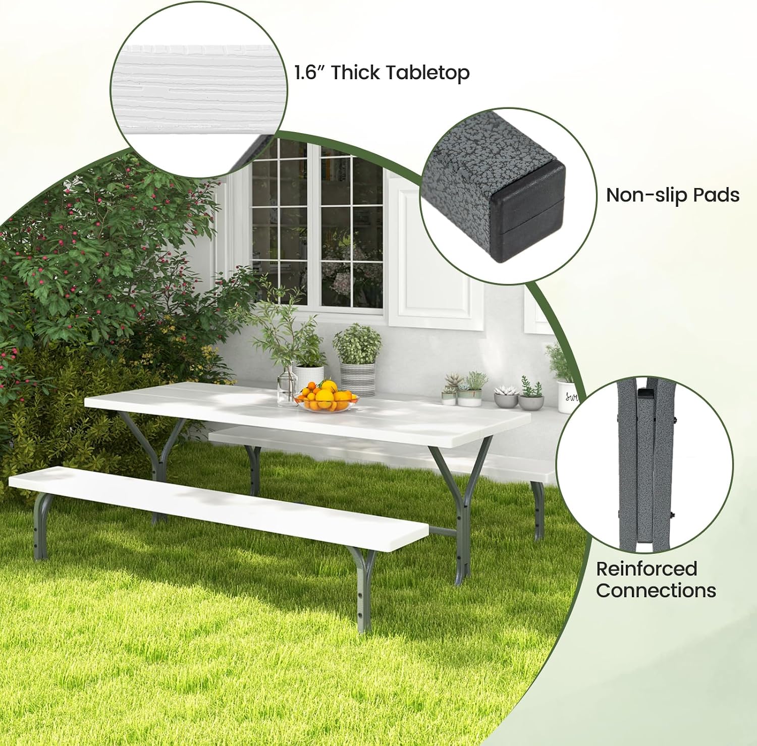 Giantex Picnic Table 6FT for 8 Person, Outdoor Table Set w/ 2 Benches, All-Weather HDPE Rectangular Tabletop, Heavy Duty Metal Legs, Umbrella Hole, for Patio Yard Lawn Party (White)