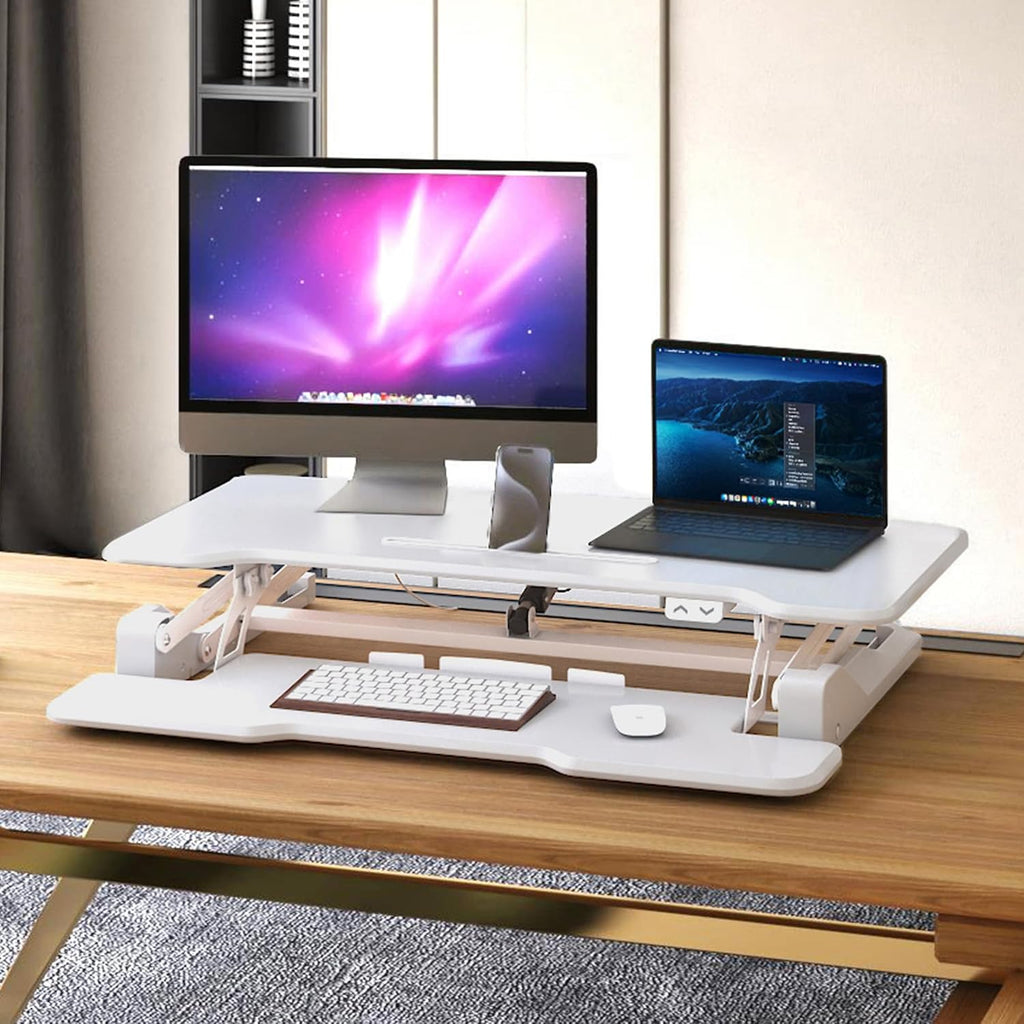 Mount-It! Electric Standing Desk Converter White 38 Inch Wide Tabletop, Stand up Desk Riser, Height Adjustable Sit Stand Desk, Fits Dual Monitors, Keyboard Tray, Device Slot, Monitor & Laptop