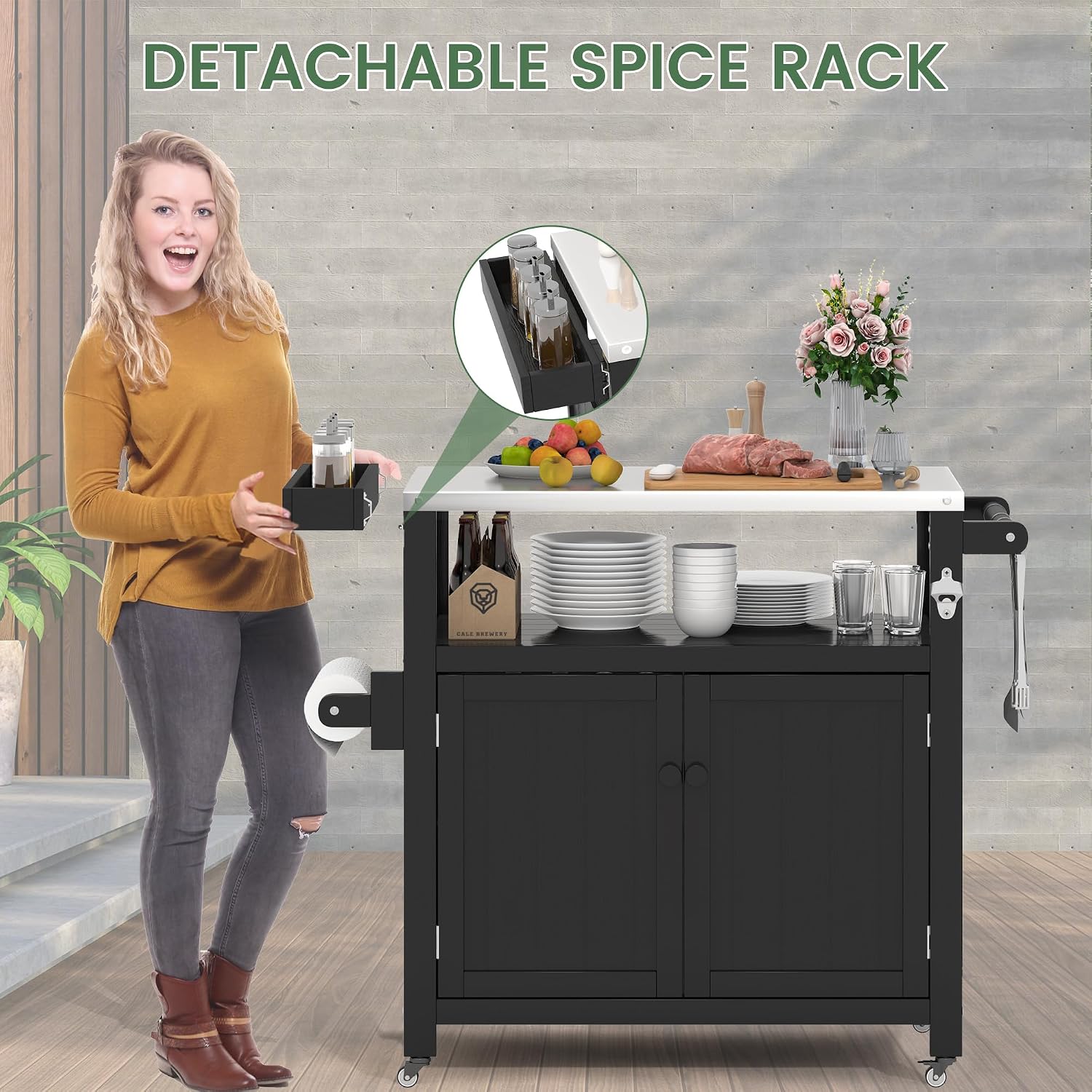 Weatherproof HIPS Outdoor Kitchen Island with Stainless Steel Top & Storage Cabinet, Movable Prep Table with Wheels for BBQ Food Prep, Outdoor Grill Cart for Parties, Black