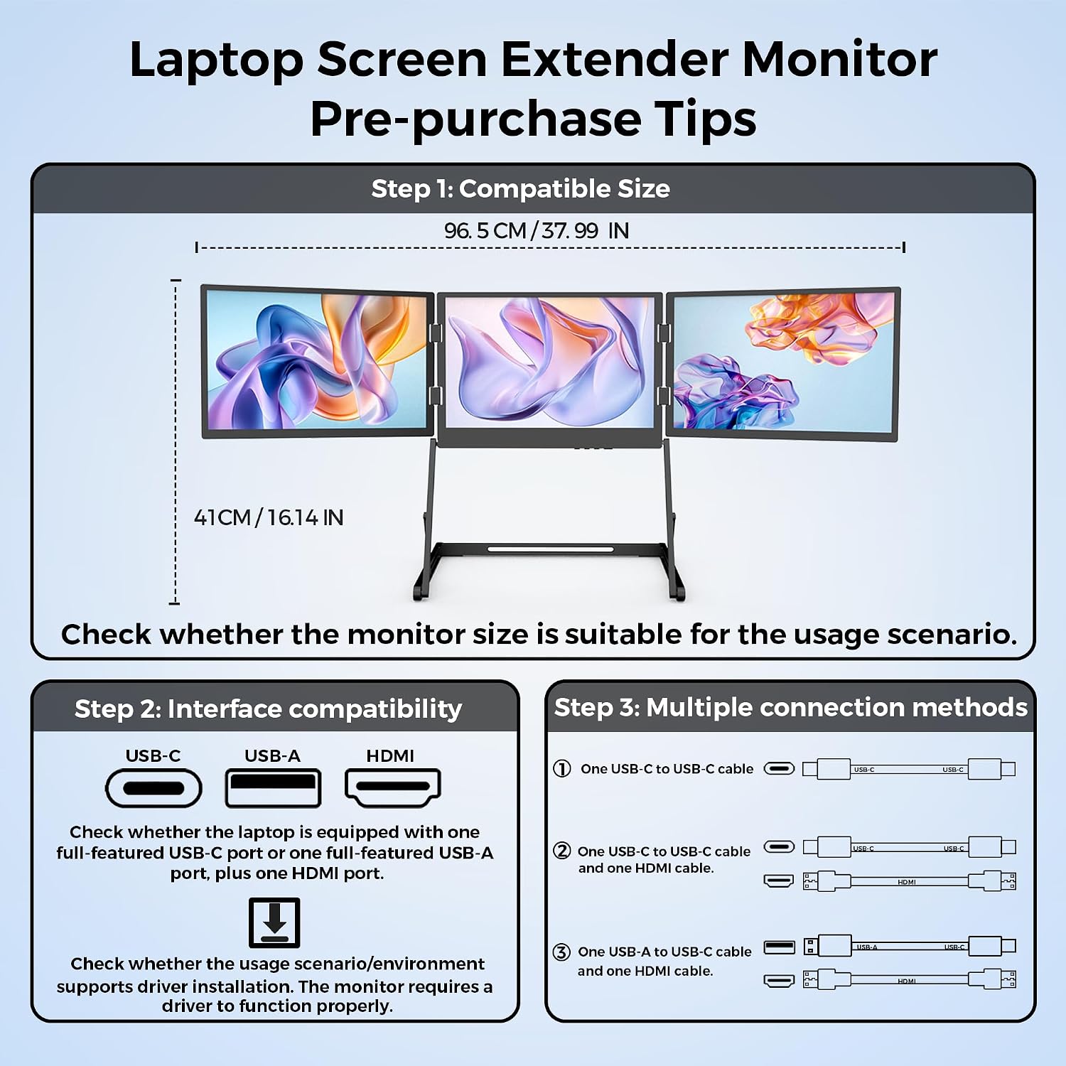 14 Inch Laptop Screen Extender, Portable Triple Monitor for 11-17 Inch Laptops, 1920x1200 IPS Foldable Display with 360° Rotation, USB-C (DP Alt Mode) and HDMI for Windows and Mac