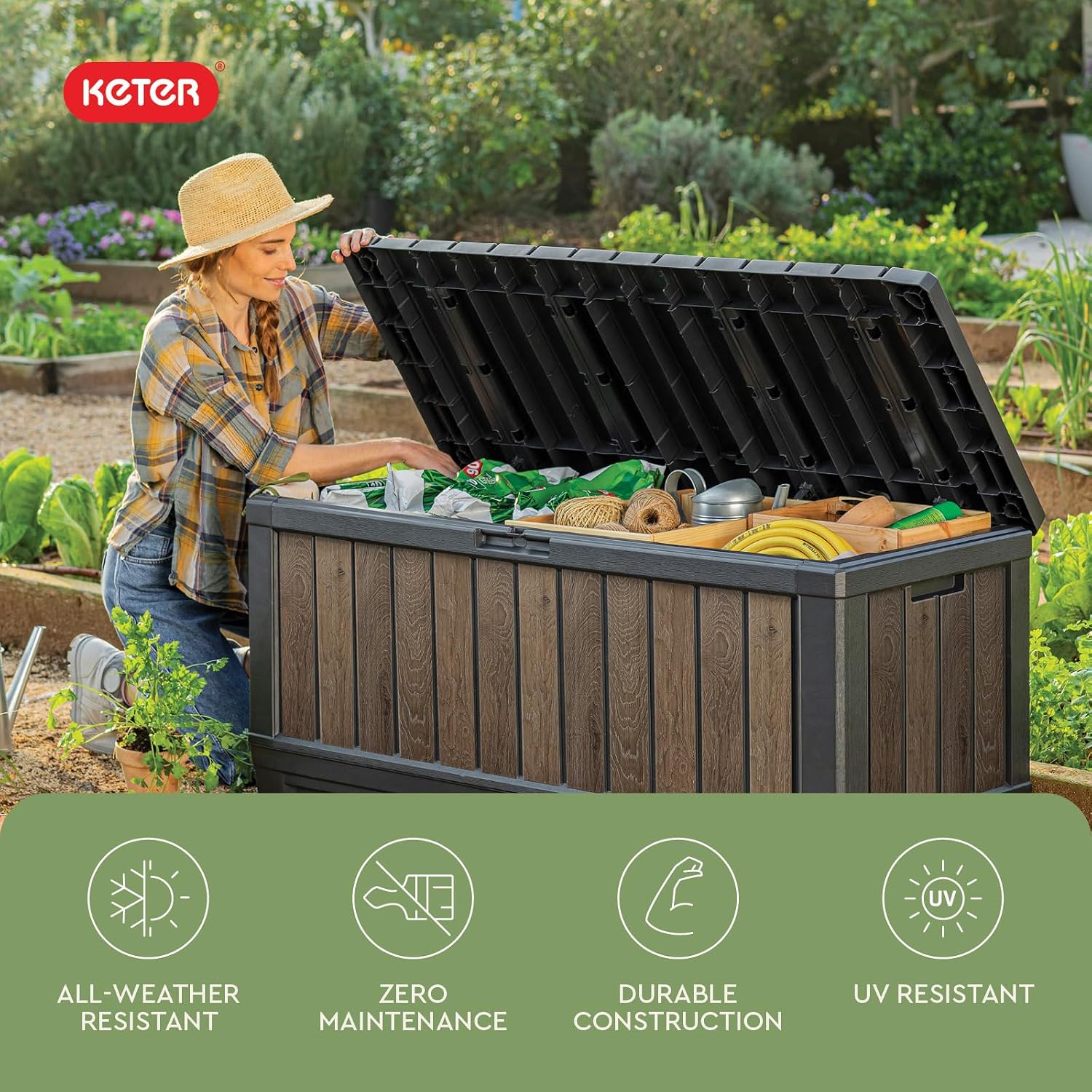 Keter Signature Collection 92 Gallon Resin Deck Box Organization and Storage Box for Patio Outdoor Cushions, Throw Pillows, Garden Tools and Pool Supplies, Walnut