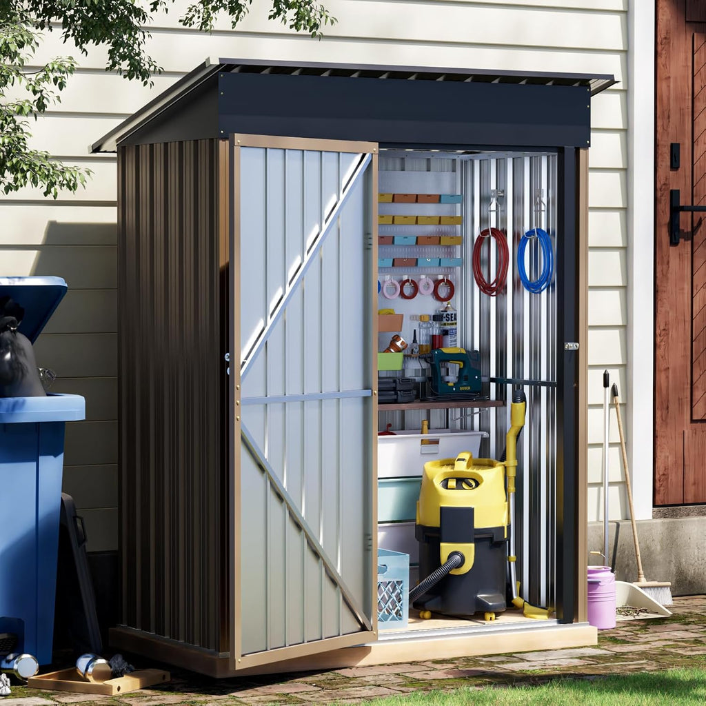 3x5 FT Outdoor Metal Storage Shed with Floor Frame, Single Door, 1 Clear Window, Tool Shed for Garden, Patio, Backyard Brown