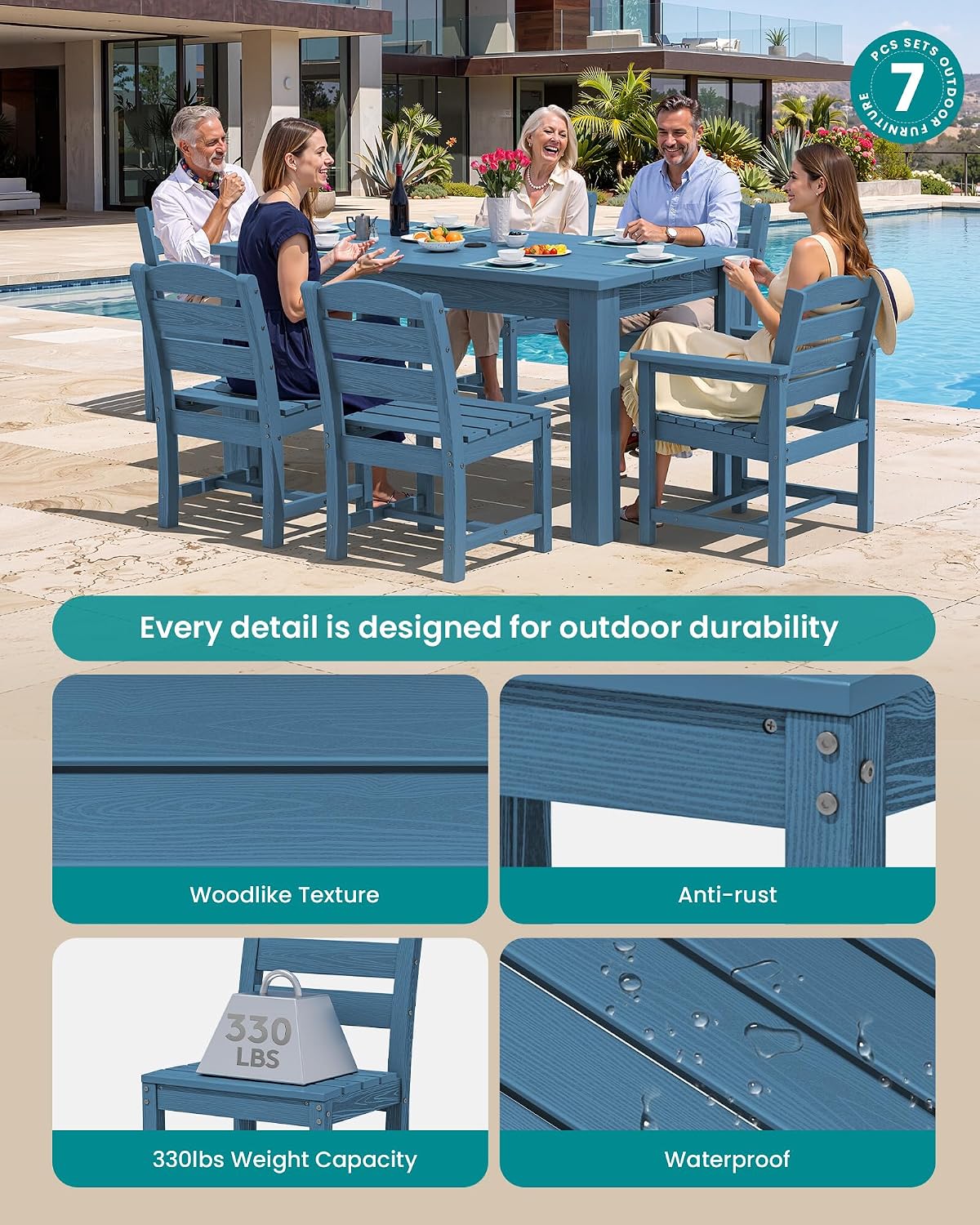 SERWALL Outdoor Dining Sets for 6, HDPE Dining Sets with 1 Umbrella Hole Cut-Out Rectangular Table and 4 Armless Chairs and 2 Armchairs, Patio Dining Sets, Blue