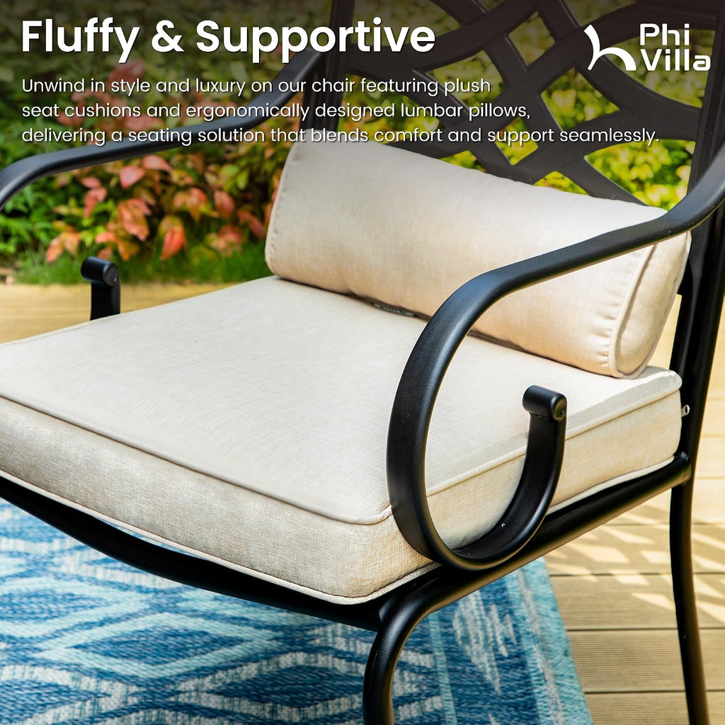 PHI VILLA 5 Pieces Outdoor Dining Set for 4, 37' Square Wood-top Metal Table & Wrought Iron Swivel Chairs, All Weather Large Outside Furniture with Cushions & Pillows for Patio, Deck, Porch