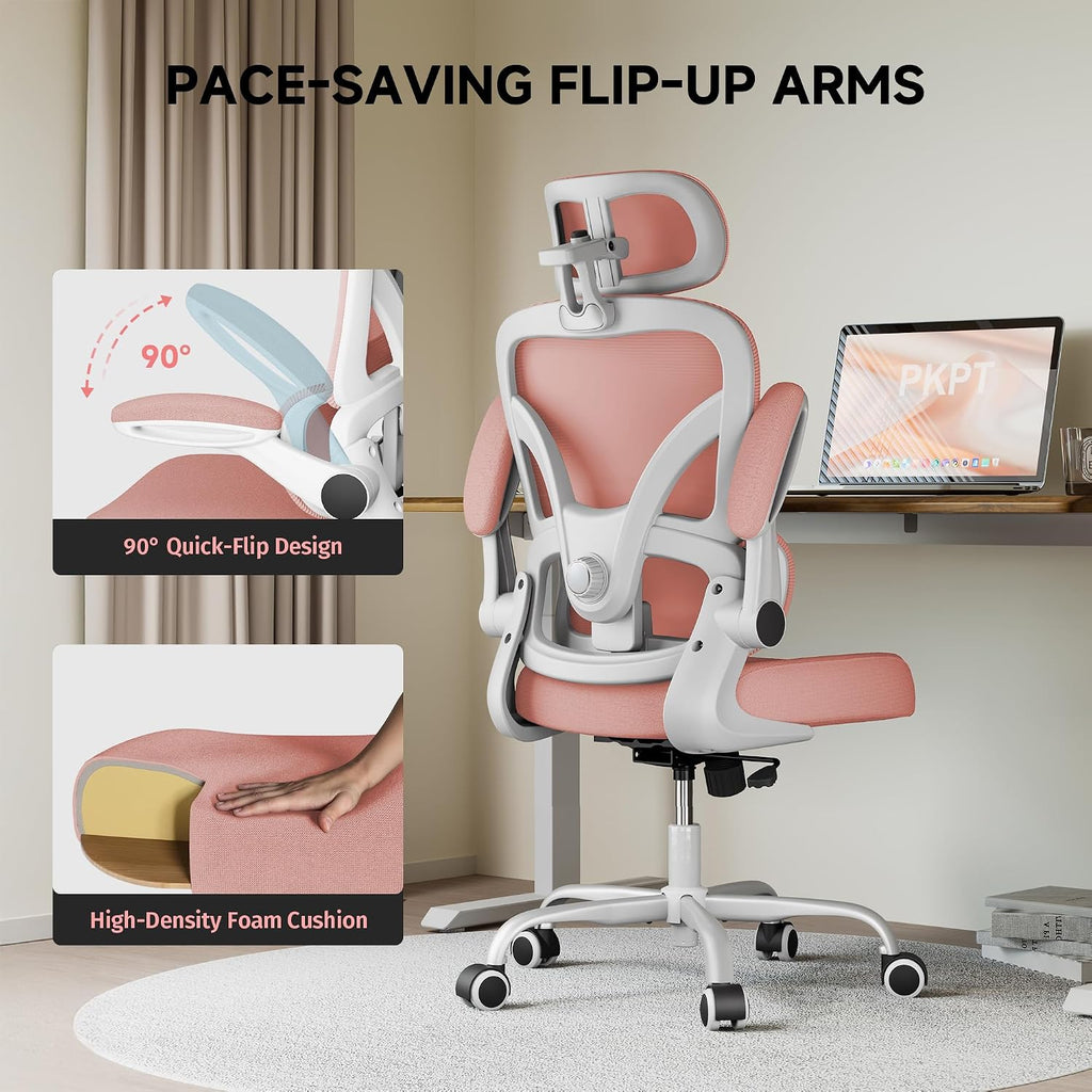 Ergonomic Office Chair, 330LBS Desk Chair with 3-Level Lumbar Support & Headrest, Breathable Mesh Backrest, Flip-Up Armrests for Home Office and Gaming, Pink