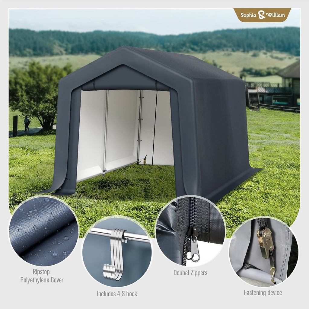 Sophia & William Outdoor Storage Shed,Carport 8x12 ft Heavy Duty, Portable Garden Yard Car Port Shelter Storage Tent Garage with Roll Up Doors and Ventilation, Grey