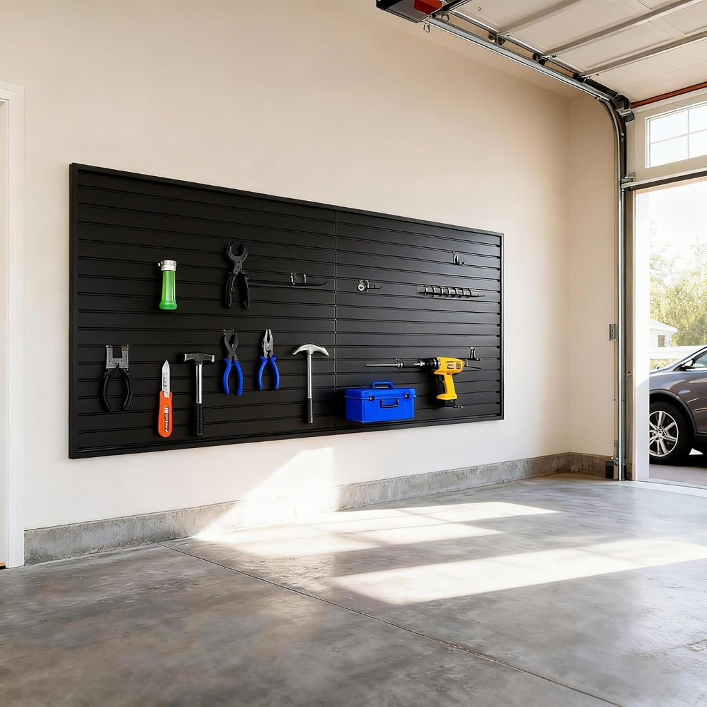 Yuzzy Slat Wall Paneling 4 x 8ft, Garage Slatwall Panel Wall Storage Systems, Heavy Duty PVC Garage Wall Organization (Black)